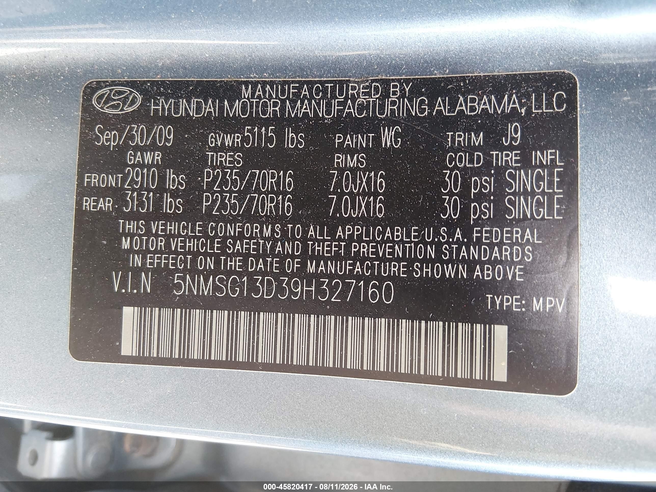 2009 Hyundai Santa Fe Gls Light Blue vin: 5NMSG13D39H327160