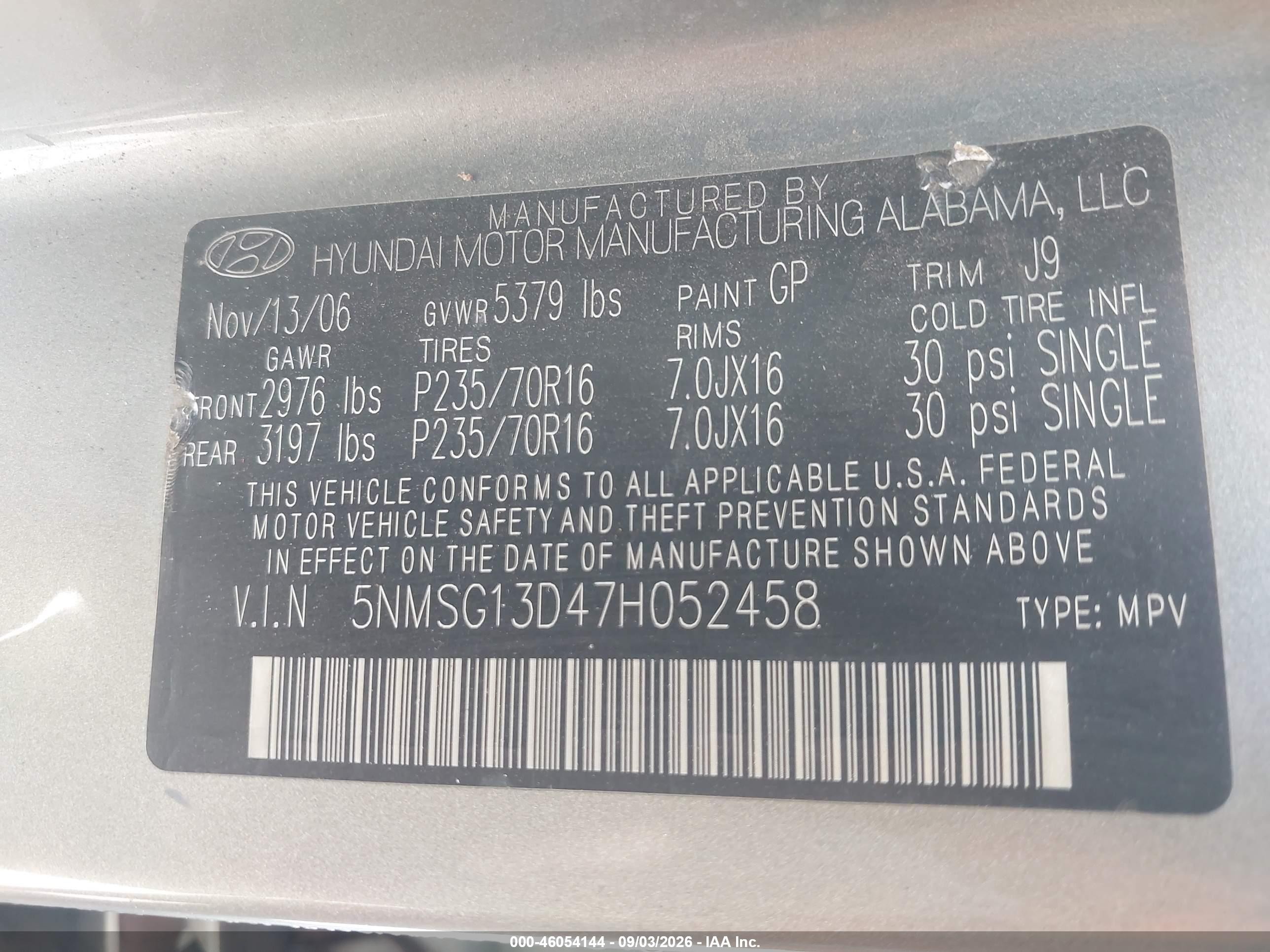 2007 Hyundai Santa Fe Gls Gold vin: 5NMSG13D47H052458