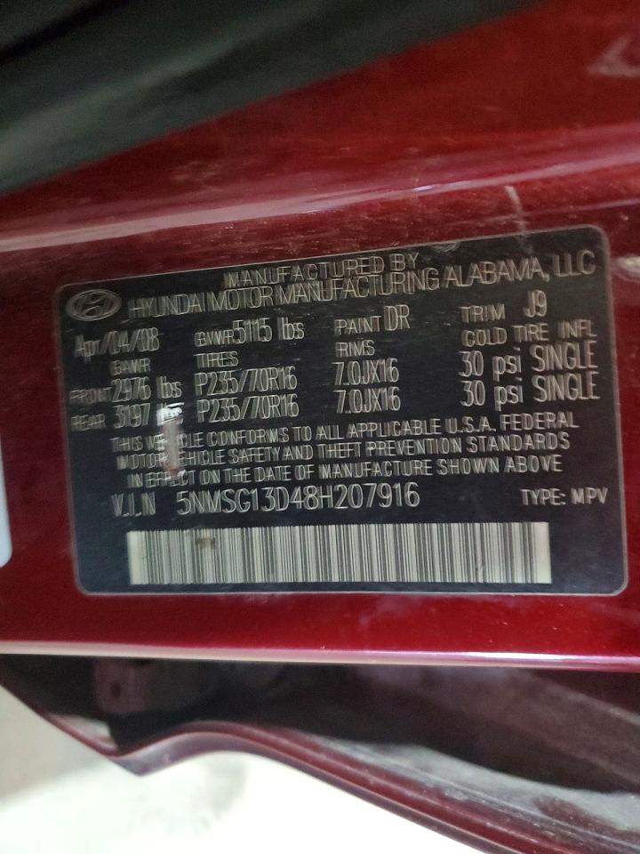 2008 Hyundai Santa Fe Gls Red vin: 5NMSG13D48H207916