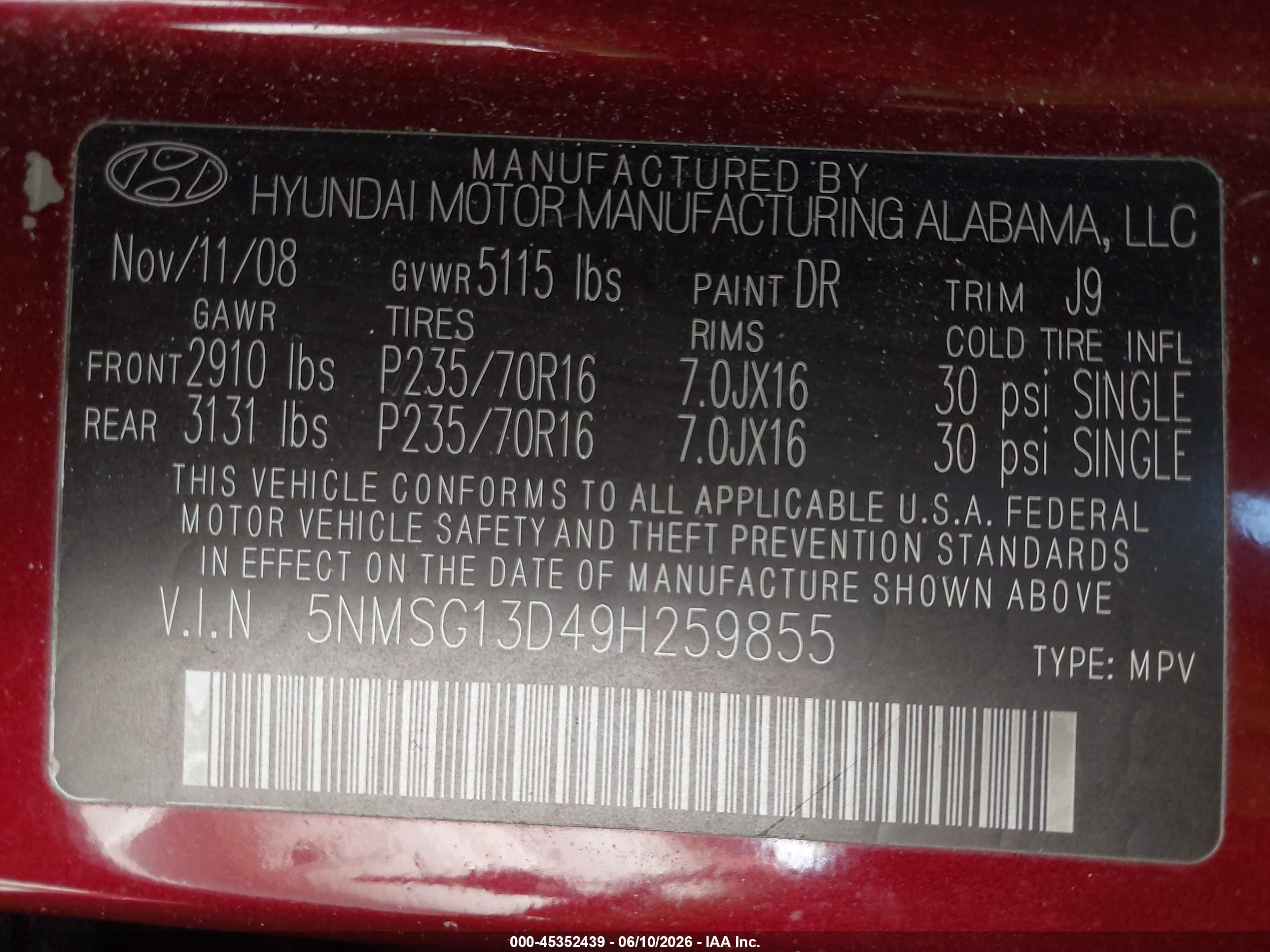 2009 Hyundai Santa Fe Gls Maroon vin: 5NMSG13D49H259855