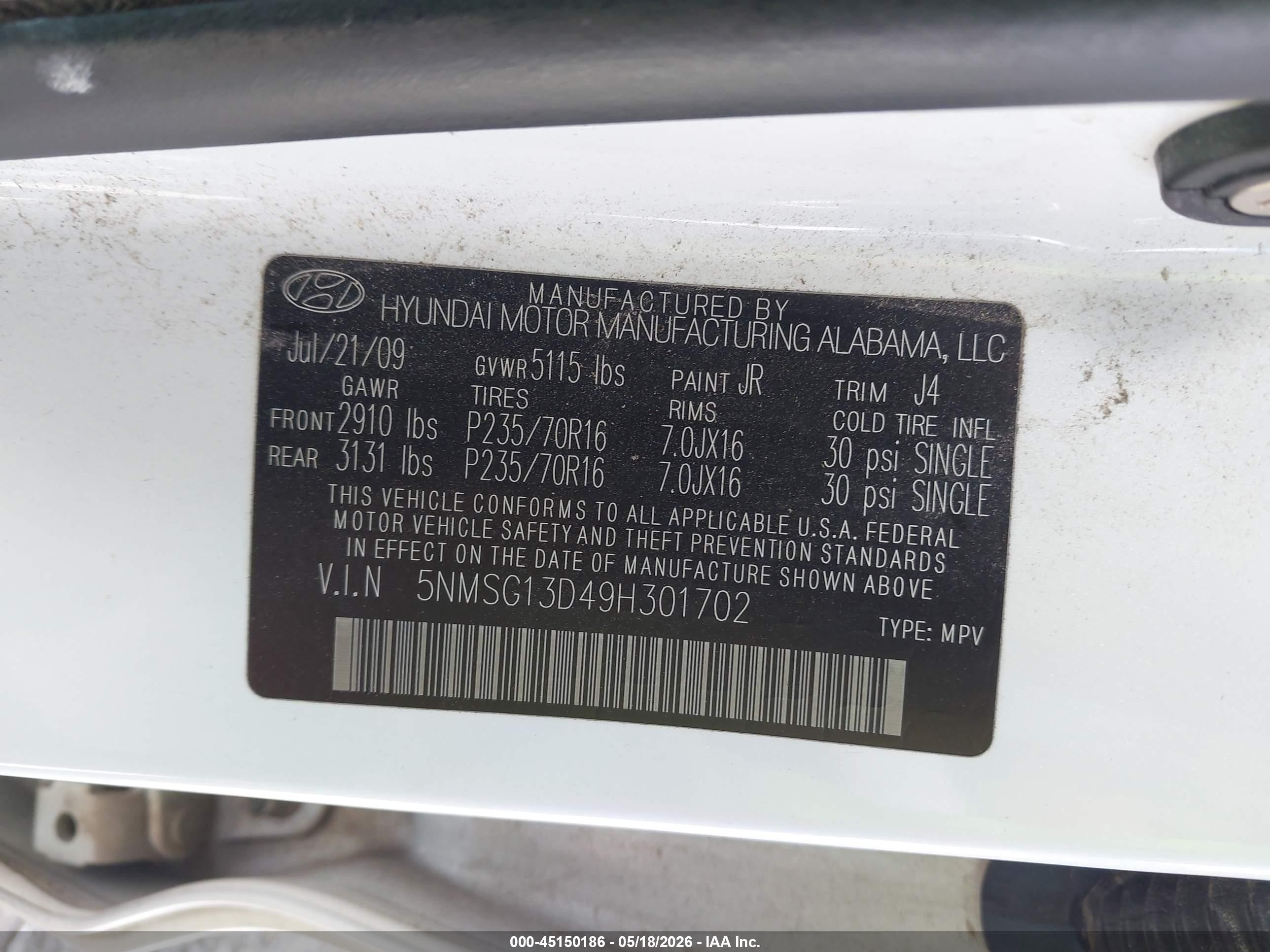 2009 Hyundai Santa Fe Gls White vin: 5NMSG13D49H301702
