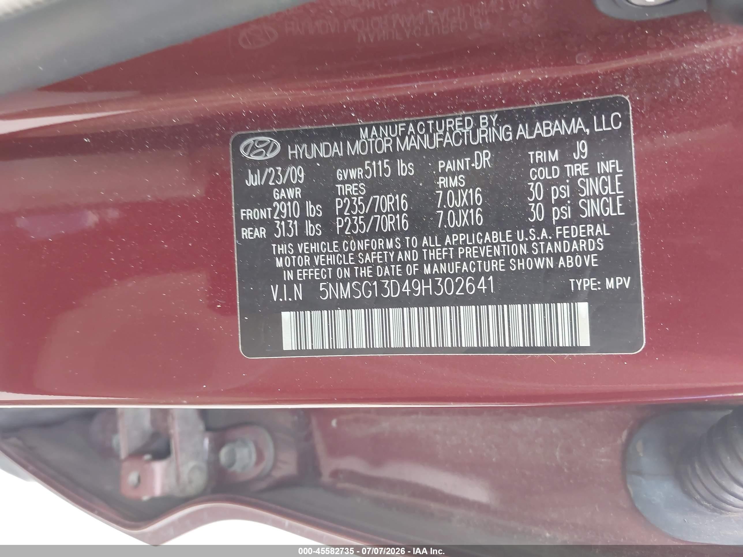 2009 Hyundai Santa Fe Gls Burgundy vin: 5NMSG13D49H302641