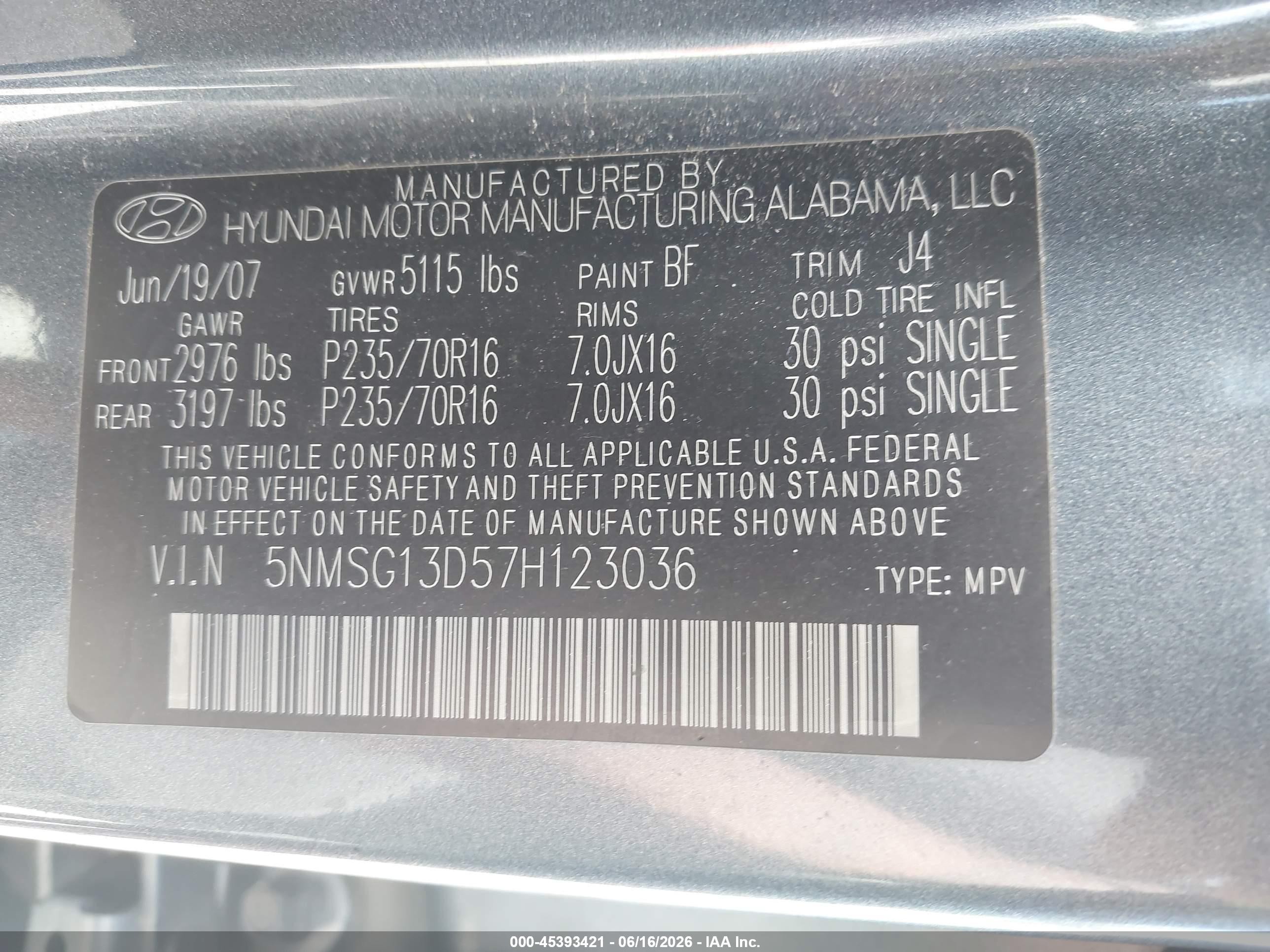 2007 Hyundai Santa Fe Gls Blue vin: 5NMSG13D57H123036