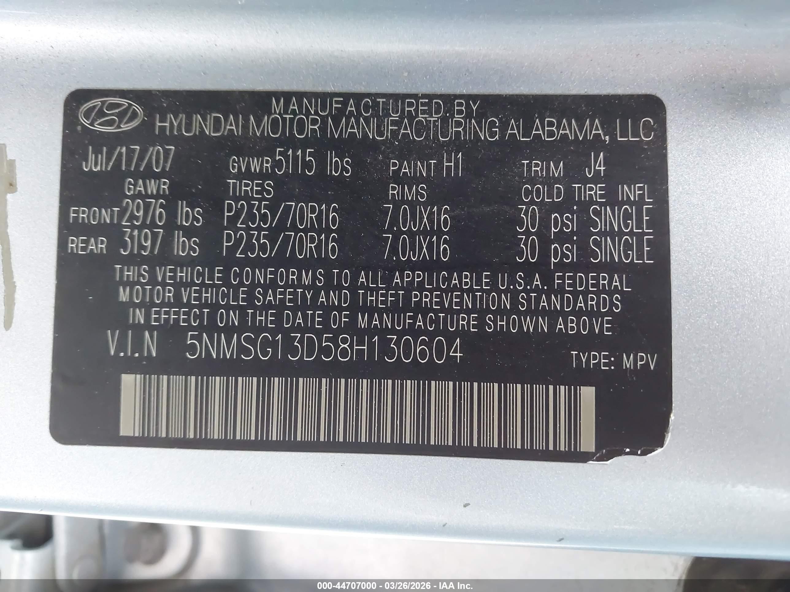 2008 Hyundai Santa Fe Gls Light Blue vin: 5NMSG13D58H130604