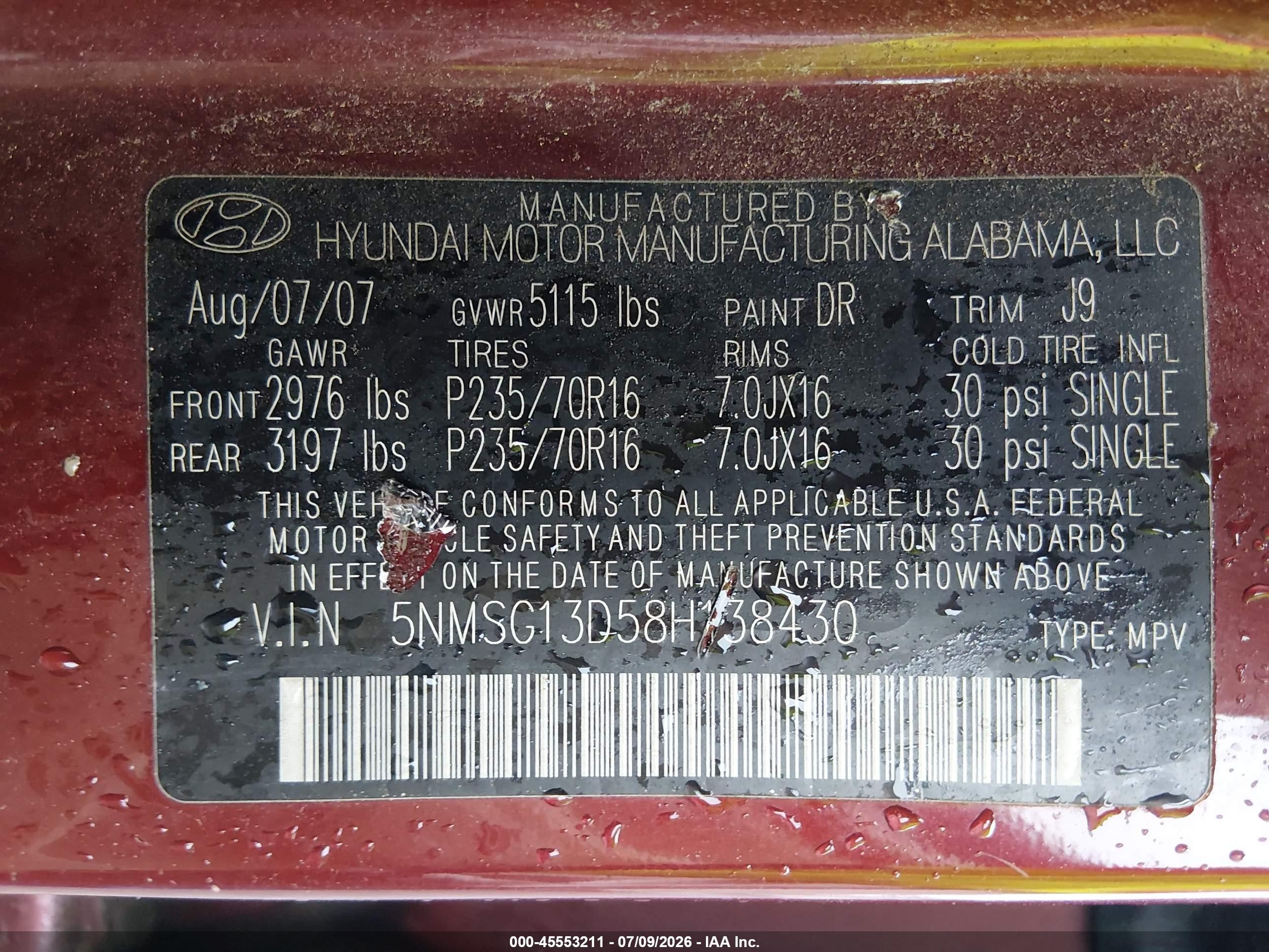2008 Hyundai Santa Fe Gls Burgundy vin: 5NMSG13D58H138430