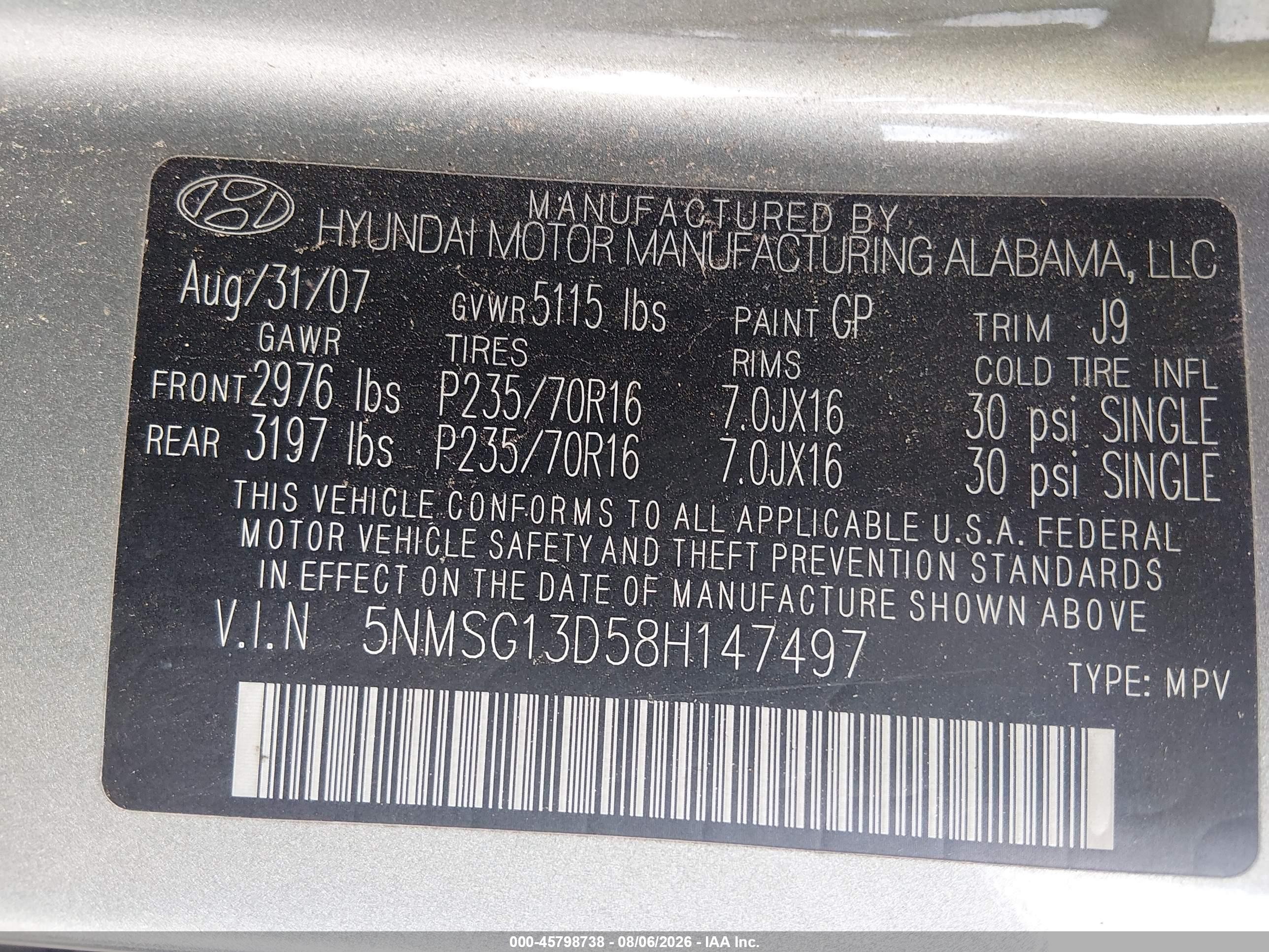 2008 Hyundai Santa Fe Gls Gray vin: 5NMSG13D58H147497