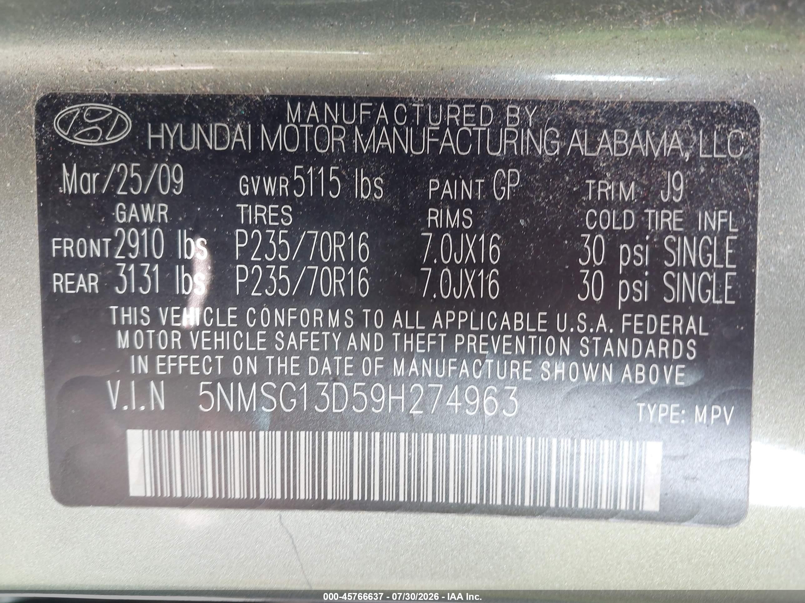 2009 Hyundai Santa Fe Gls Зеленый vin: 5NMSG13D59H274963