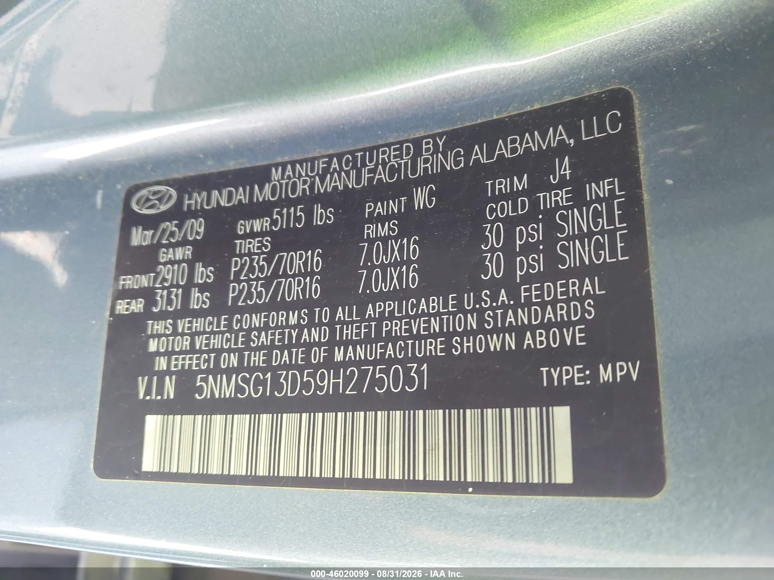 2009 Hyundai Santa Fe Gls Blue vin: 5NMSG13D59H275031
