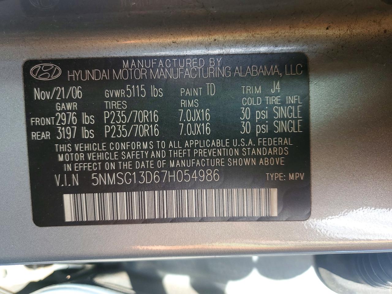 2007 Hyundai Santa Fe Gls Gray vin: 5NMSG13D67H054986