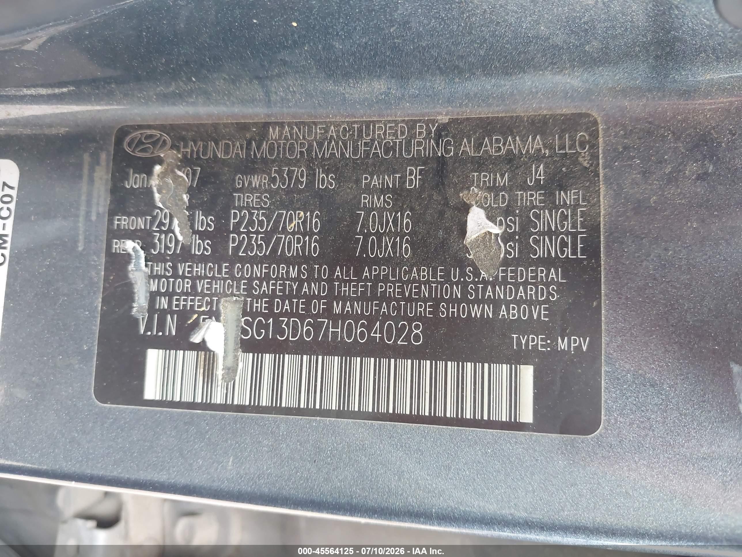 2007 Hyundai Santa Fe Gls Blue vin: 5NMSG13D67H064028