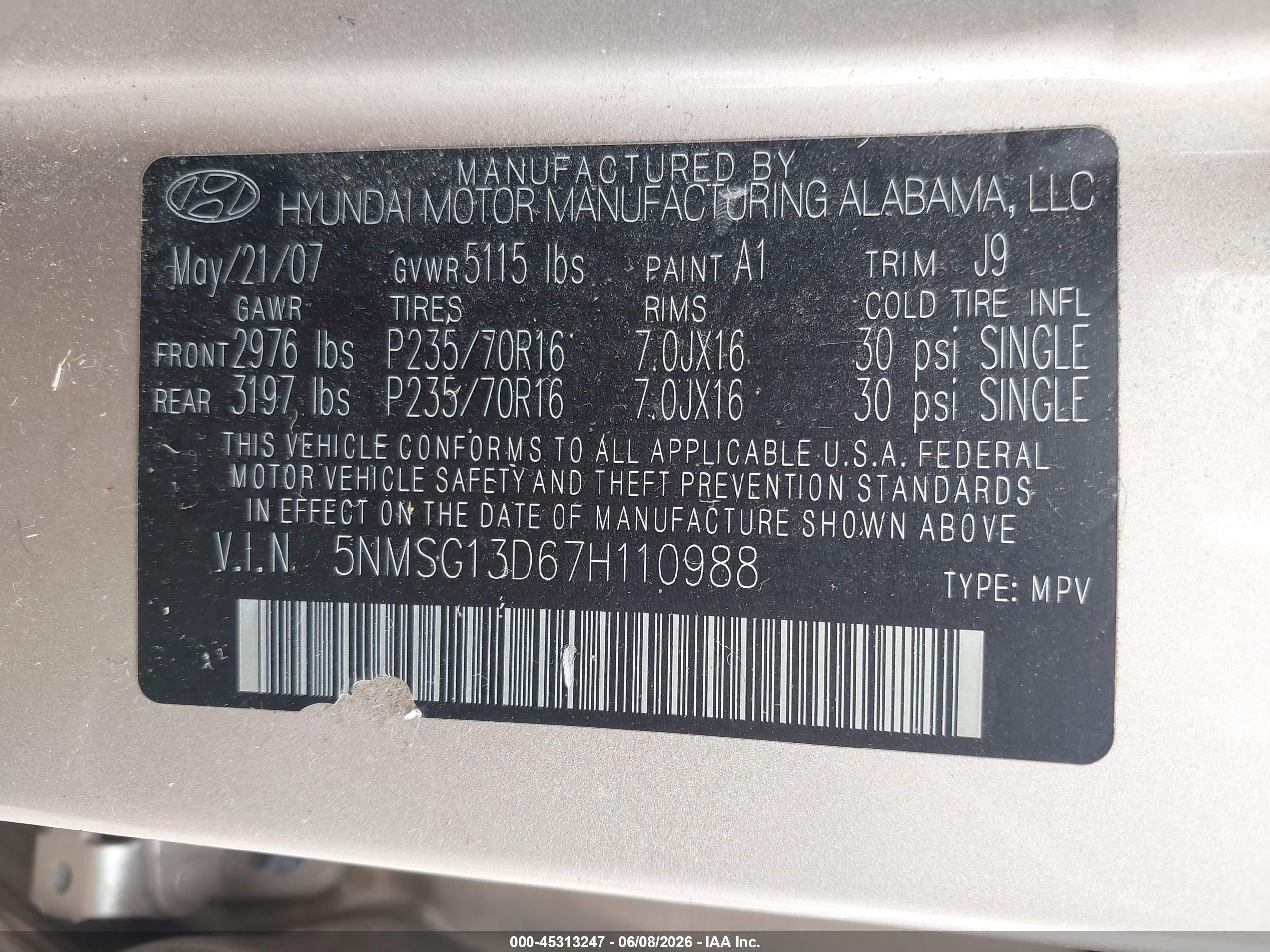 2007 Hyundai Santa Fe Gls Gold vin: 5NMSG13D67H110988