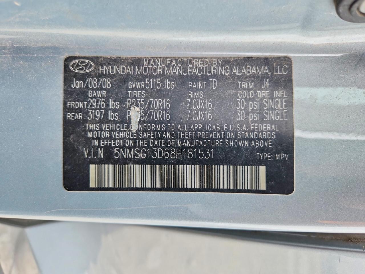 2008 Hyundai Santa Fe Gls Gray vin: 5NMSG13D68H181531