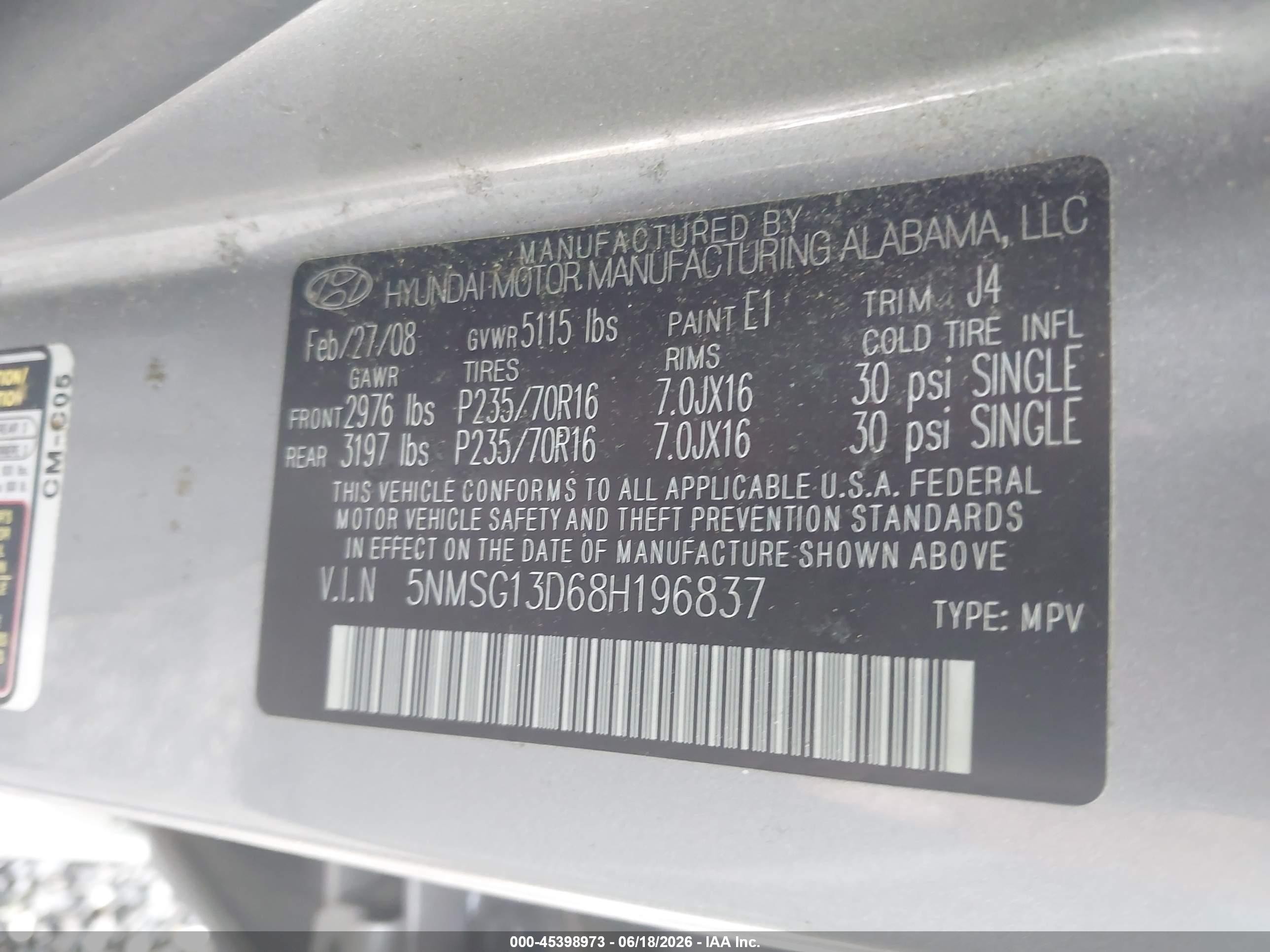 2008 Hyundai Santa Fe Gls Gray vin: 5NMSG13D68H196837