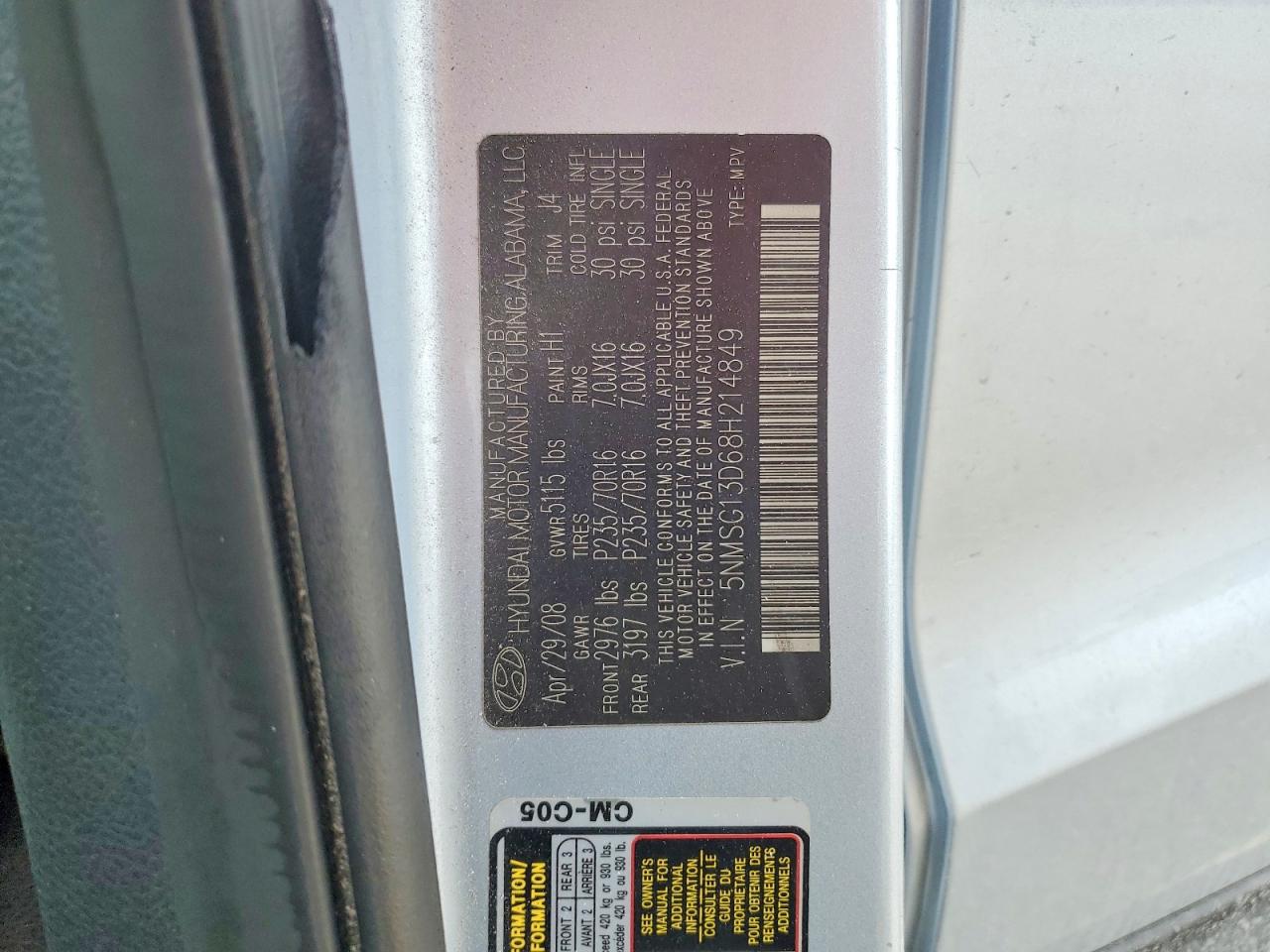 2008 Hyundai Santa Fe Gls Blue vin: 5NMSG13D68H214849