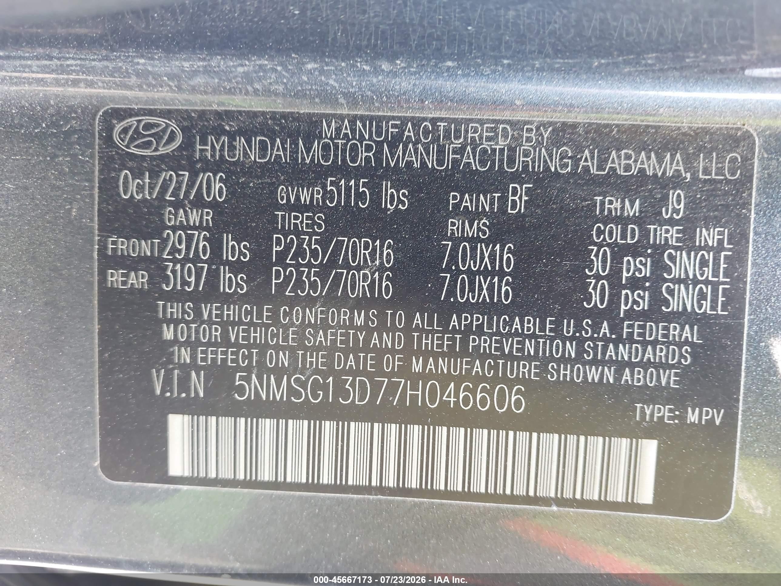 2007 Hyundai Santa Fe Gls Blue vin: 5NMSG13D77H046606