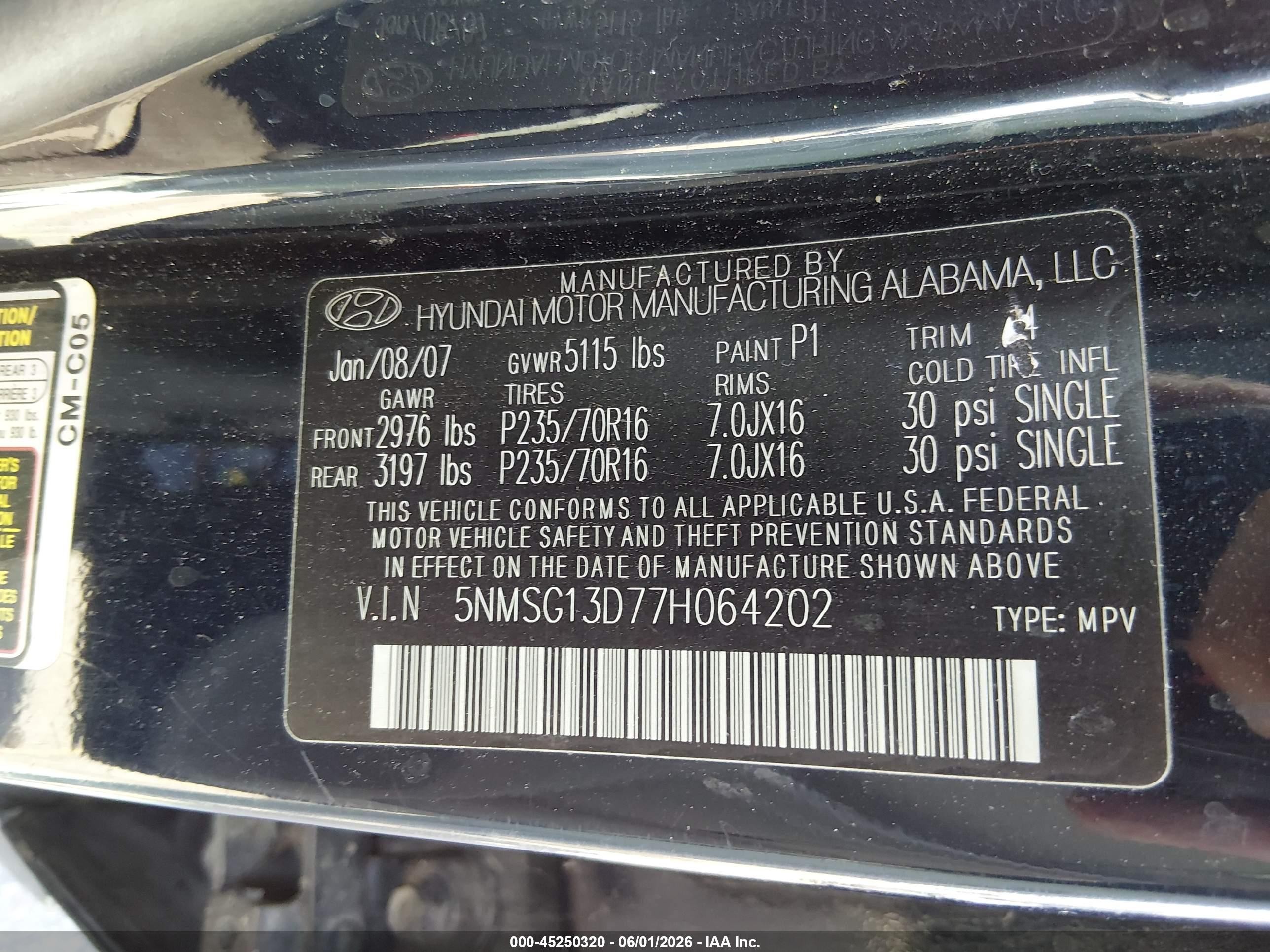 2007 Hyundai Santa Fe Gls Blue vin: 5NMSG13D77H064202