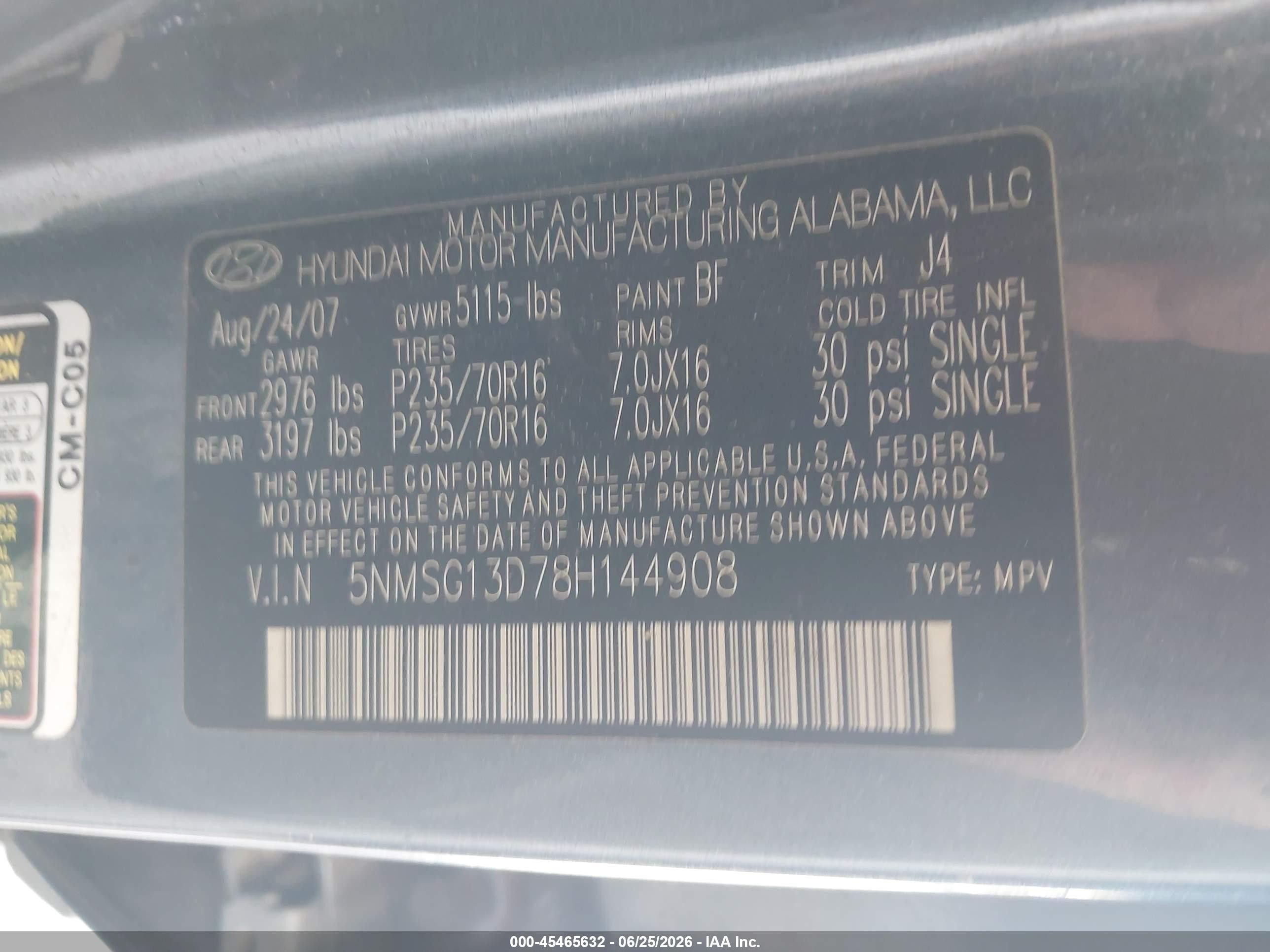 2008 Hyundai Santa Fe Gls Blue vin: 5NMSG13D78H144908