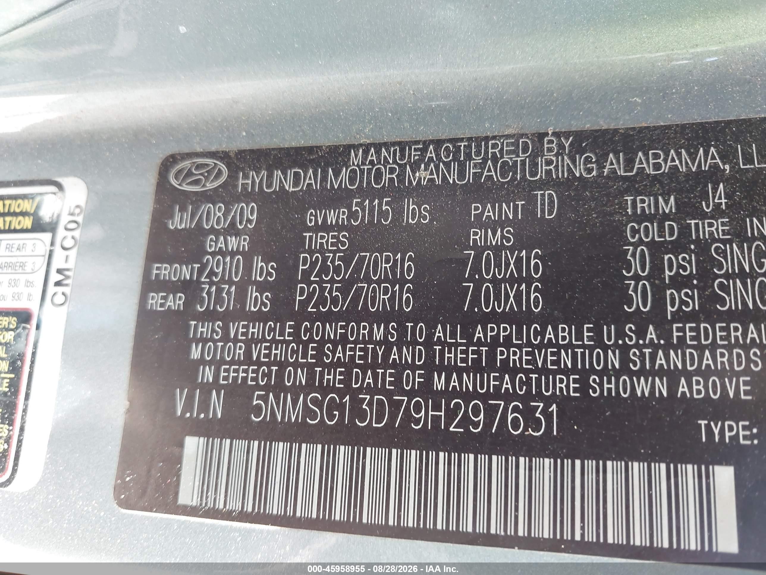 2009 Hyundai Santa Fe Gls Silver vin: 5NMSG13D79H297631