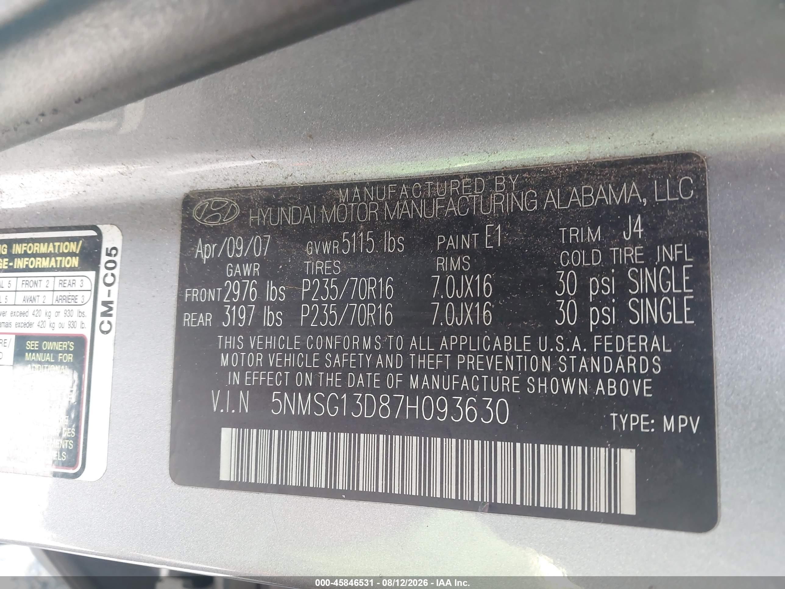 2007 Hyundai Santa Fe Gls Gray vin: 5NMSG13D87H093630
