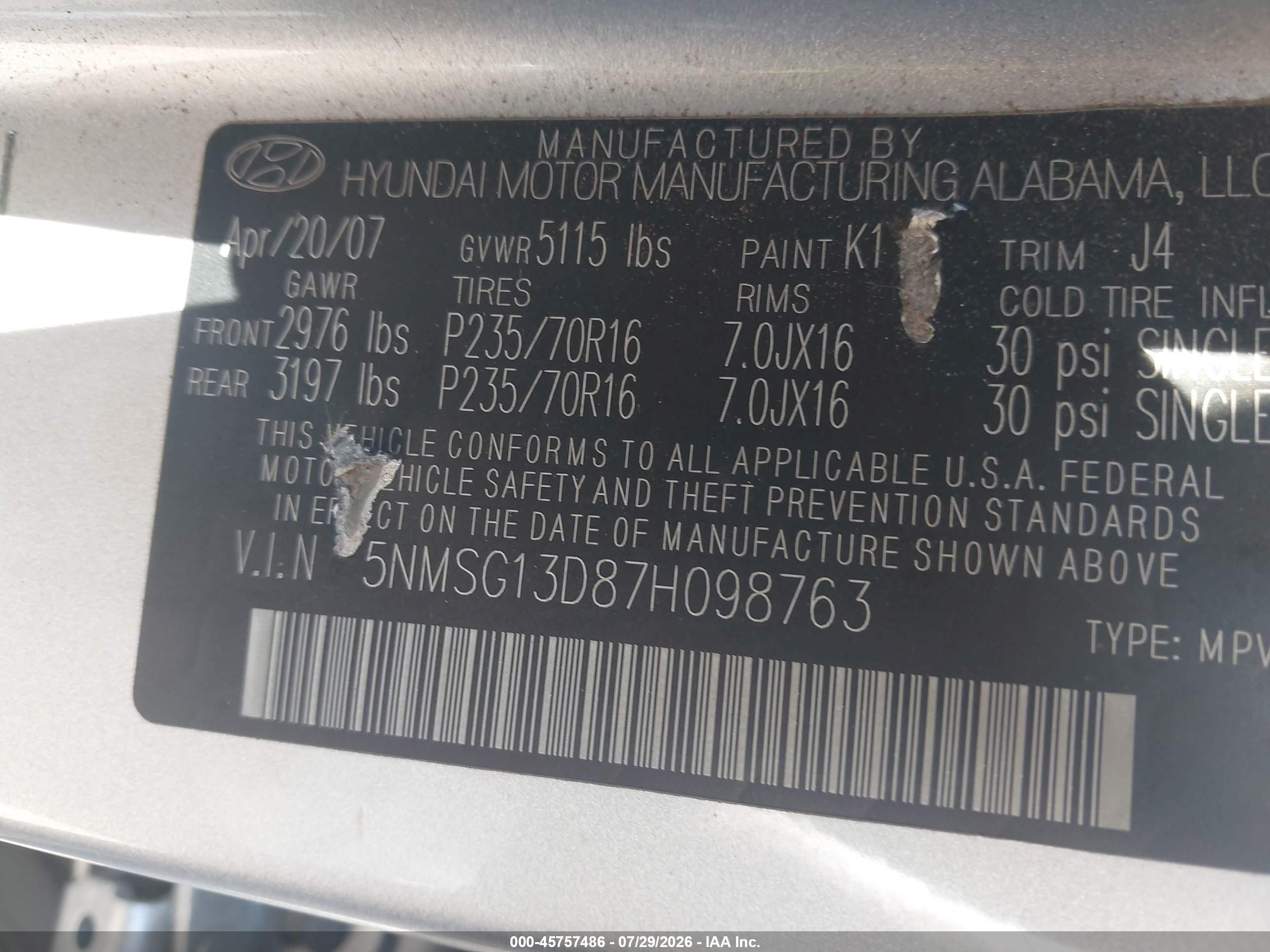 2007 Hyundai Santa Fe Gls Silver vin: 5NMSG13D87H098763