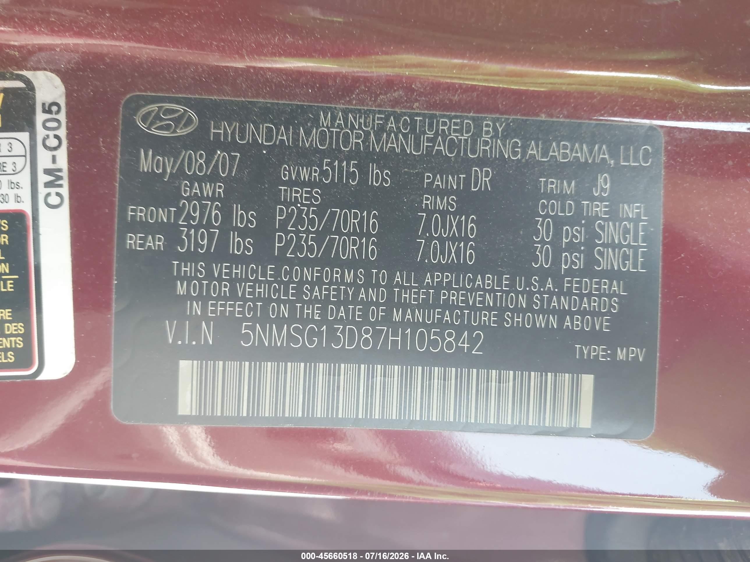 2007 Hyundai Santa Fe Gls Maroon vin: 5NMSG13D87H105842