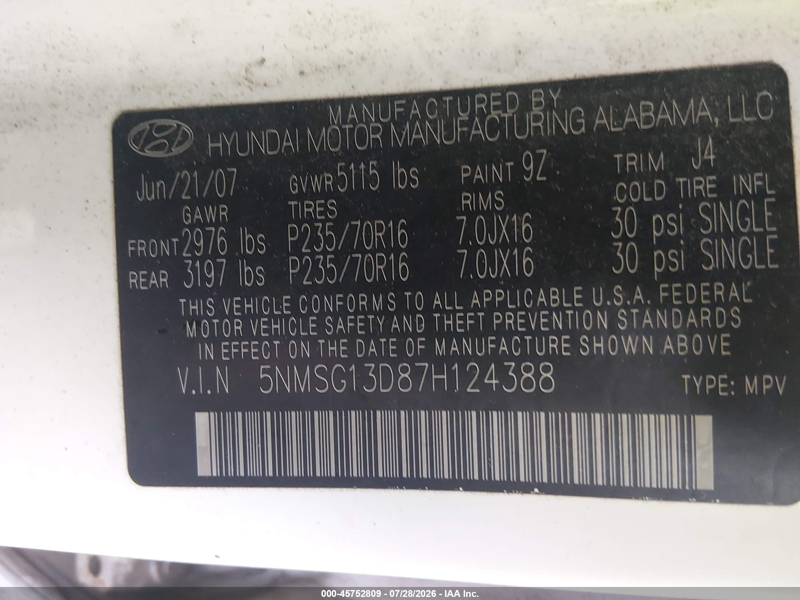 2007 Hyundai Santa Fe Gls White vin: 5NMSG13D87H124388