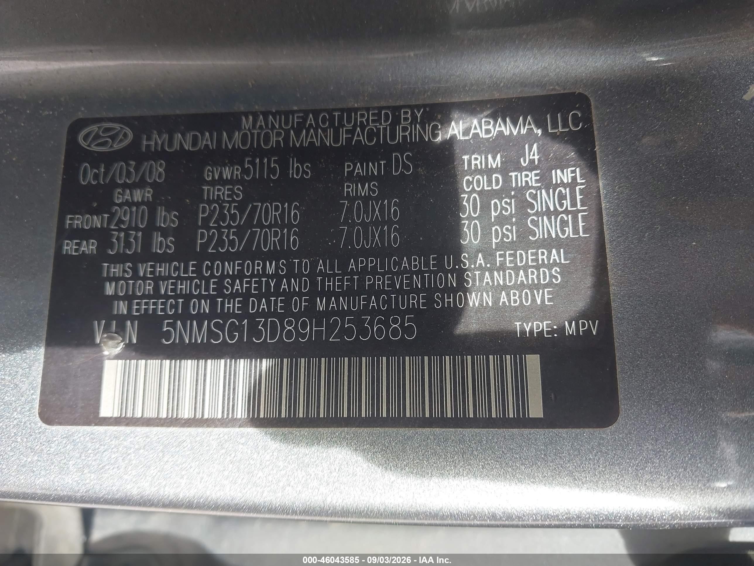 2009 Hyundai Santa Fe Gls Gray vin: 5NMSG13D89H253685