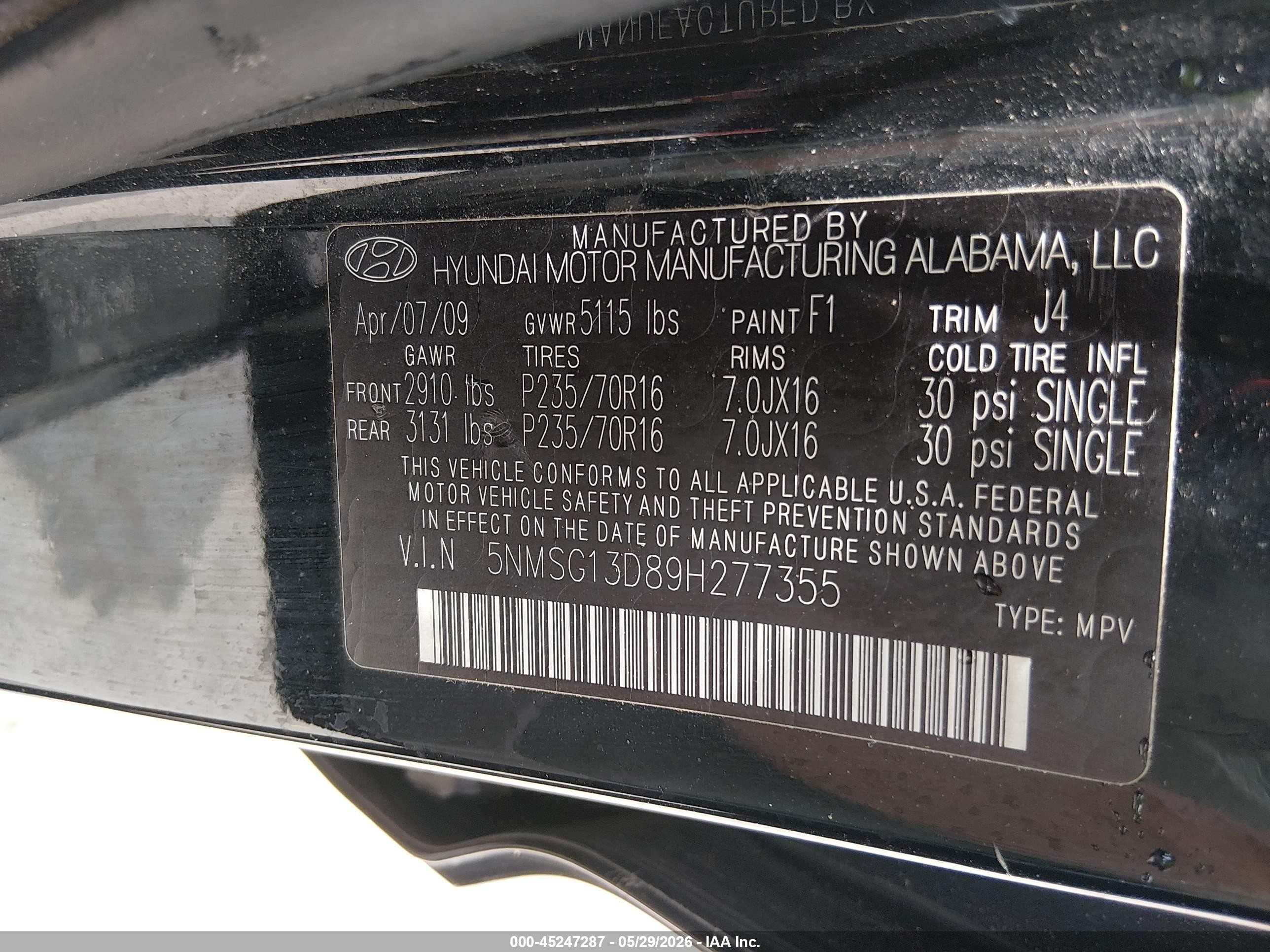 2009 Hyundai Santa Fe Gls Black vin: 5NMSG13D89H277355