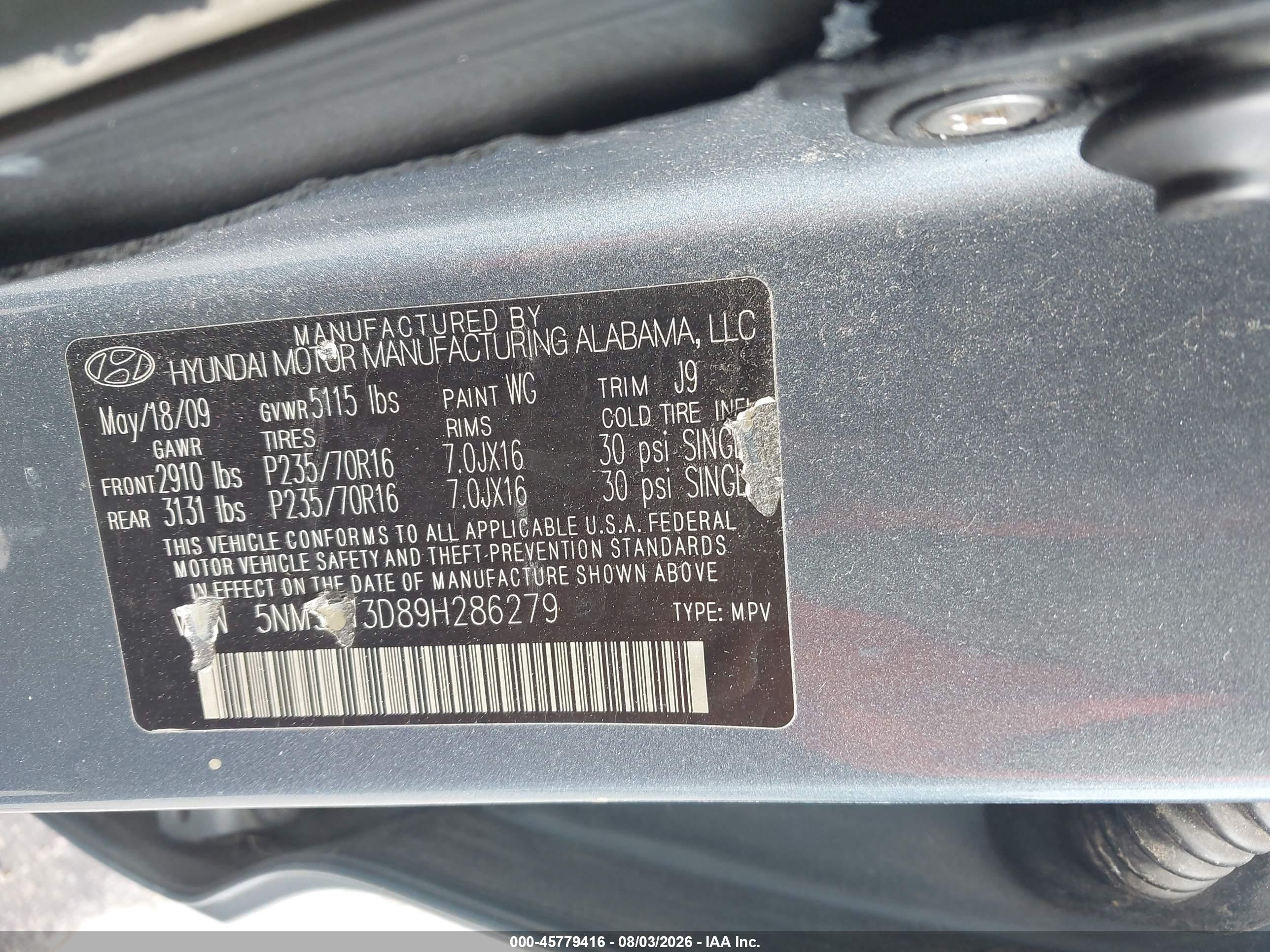 2009 Hyundai Santa Fe Gls Light Blue vin: 5NMSG13D89H286279