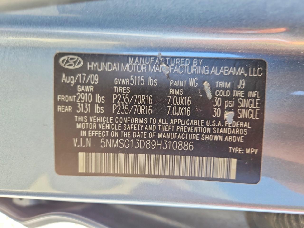 2009 Hyundai Santa Fe Gls Blue vin: 5NMSG13D89H310886