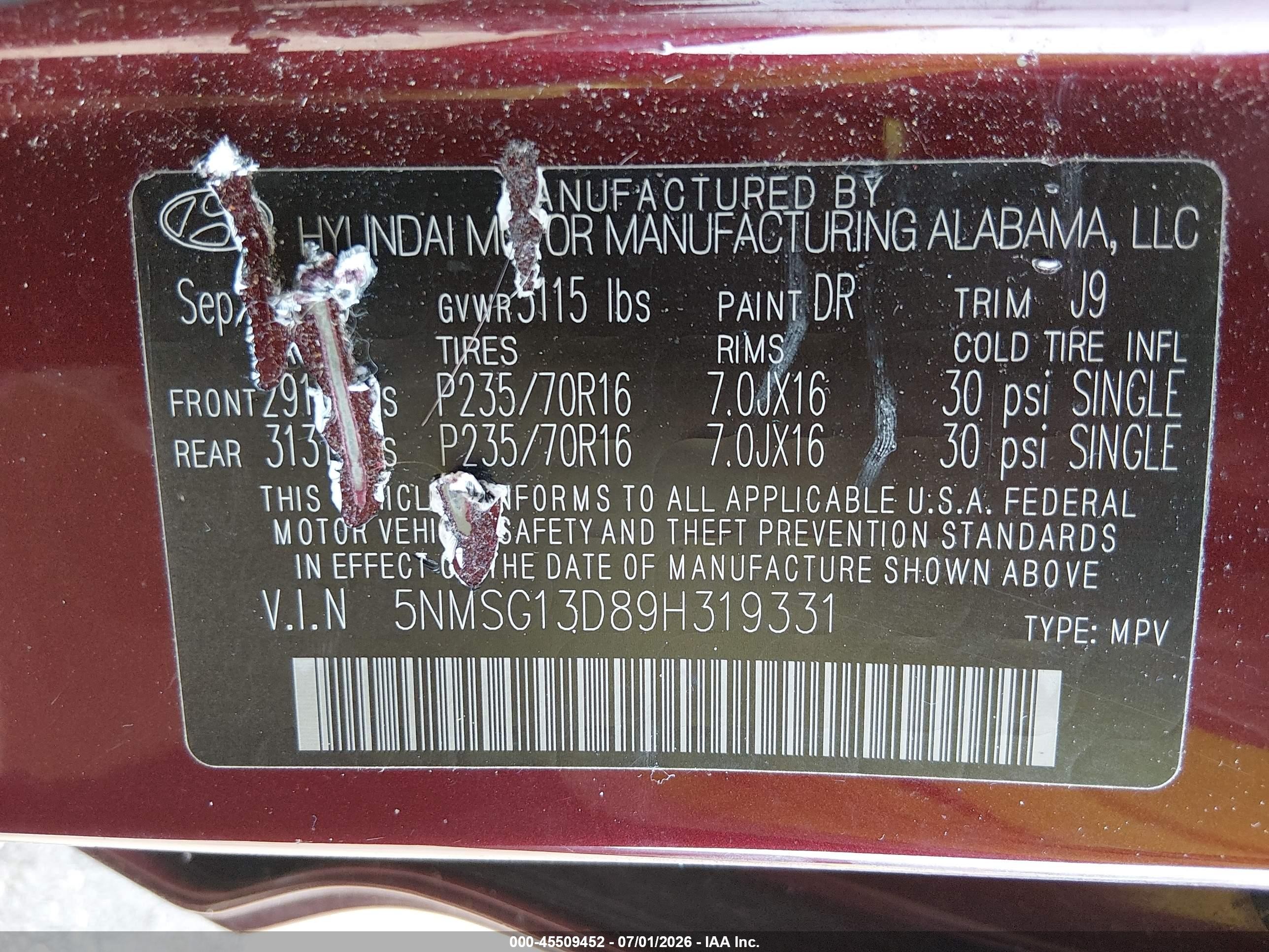 2009 Hyundai Santa Fe Gls Maroon vin: 5NMSG13D89H319331
