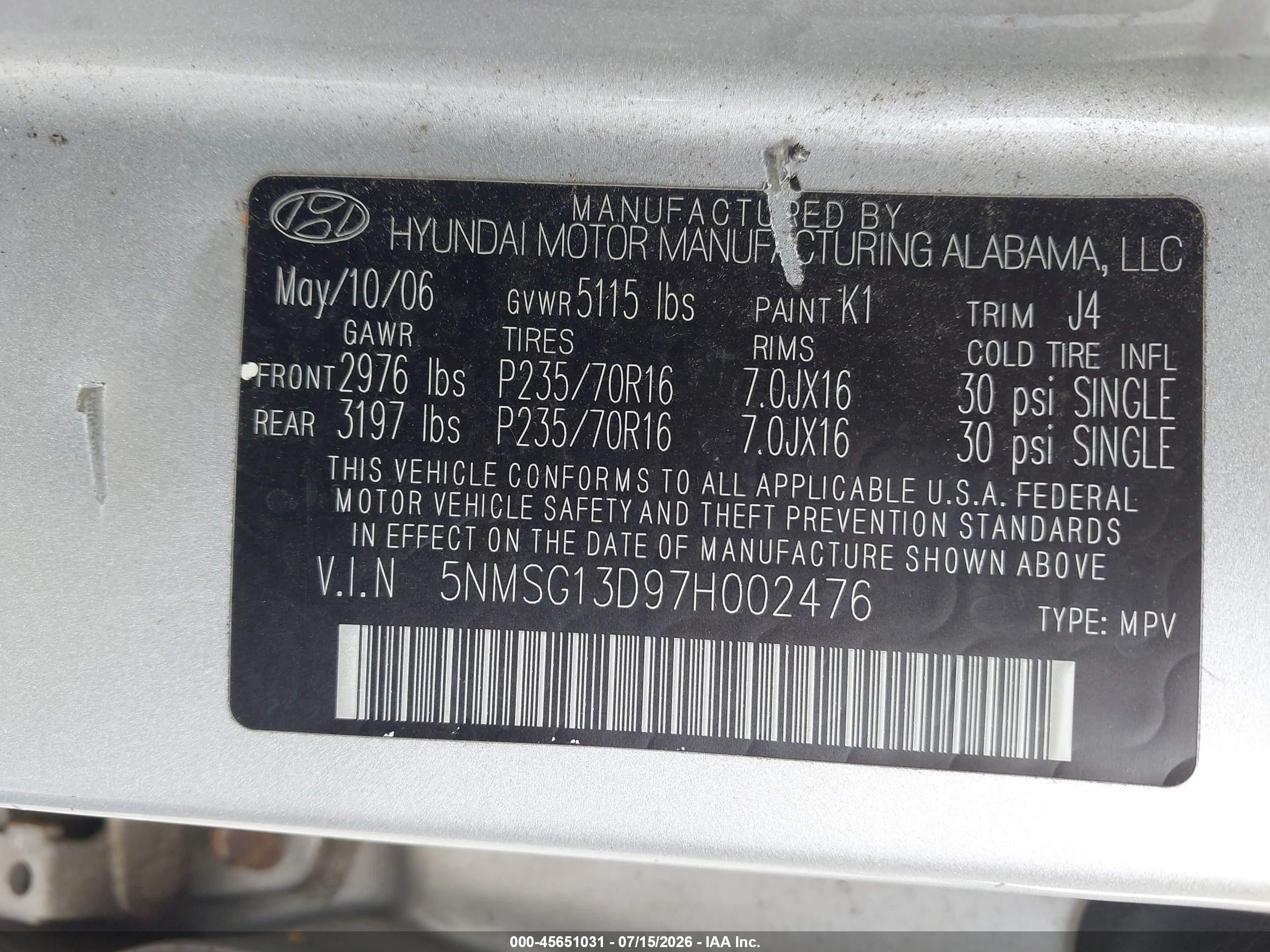2007 Hyundai Santa Fe Gls Silver vin: 5NMSG13D97H002476