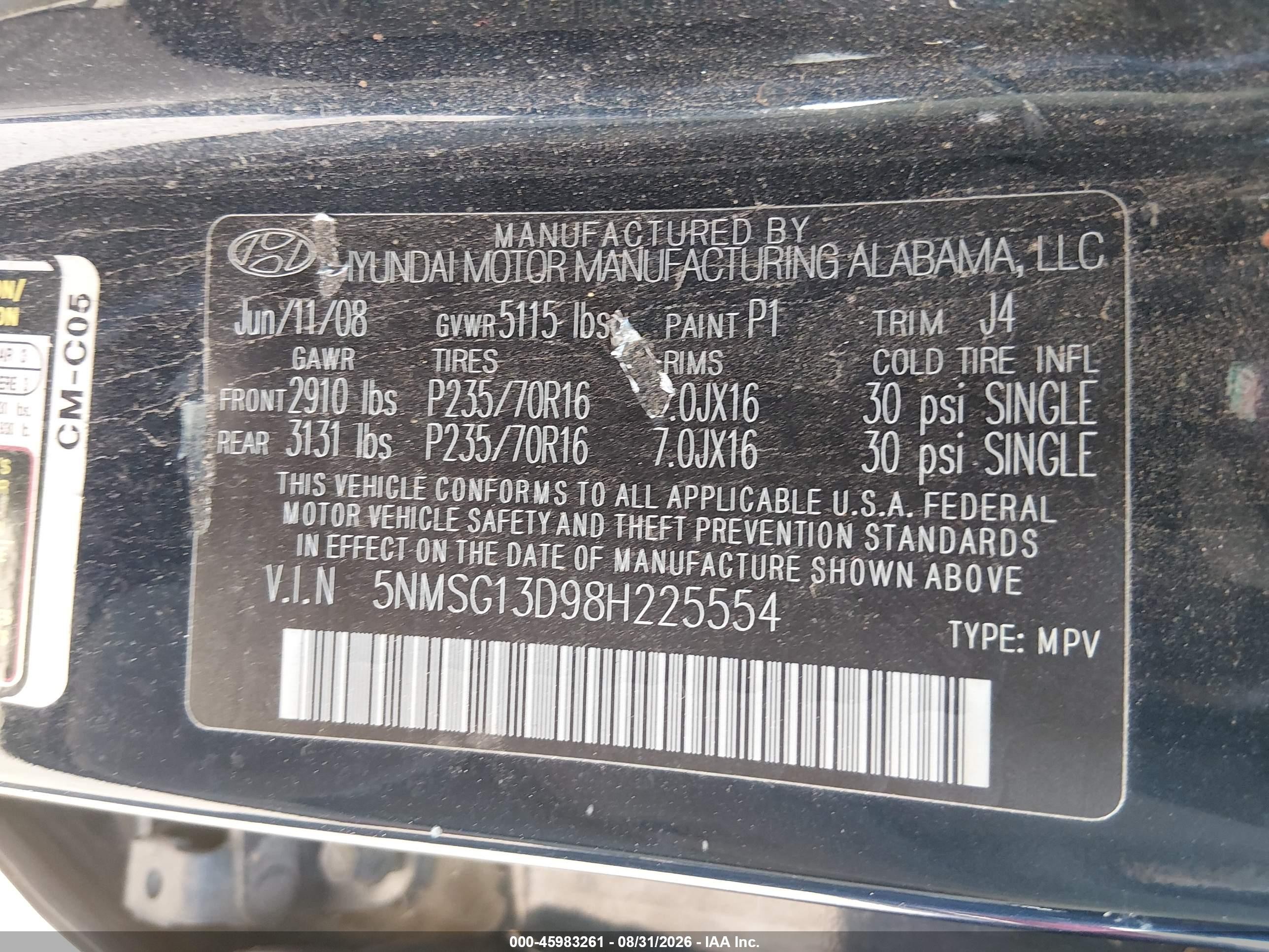 2008 Hyundai Santa Fe Gls Blue vin: 5NMSG13D98H225554