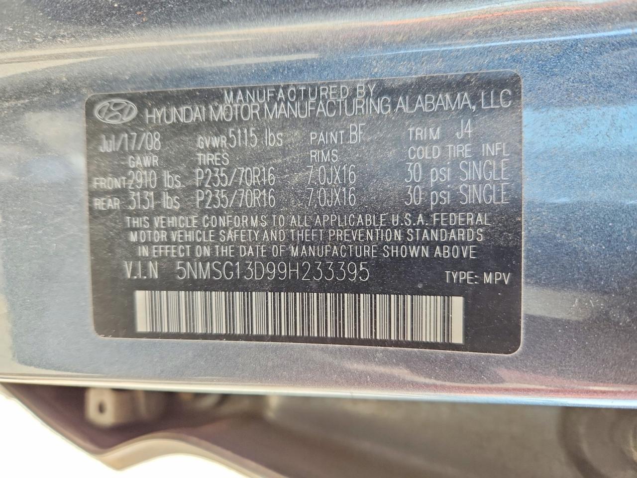 2009 Hyundai Santa Fe Gls Blue vin: 5NMSG13D99H233395