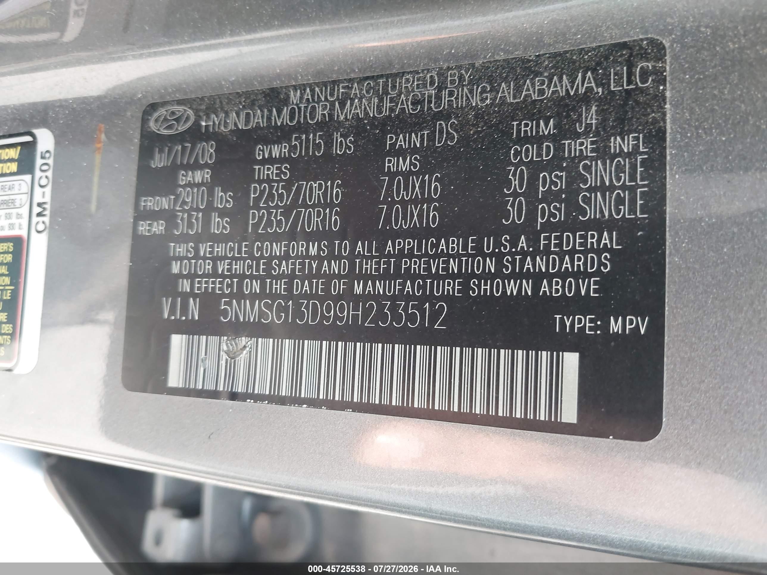 2009 Hyundai Santa Fe Gls Gray vin: 5NMSG13D99H233512