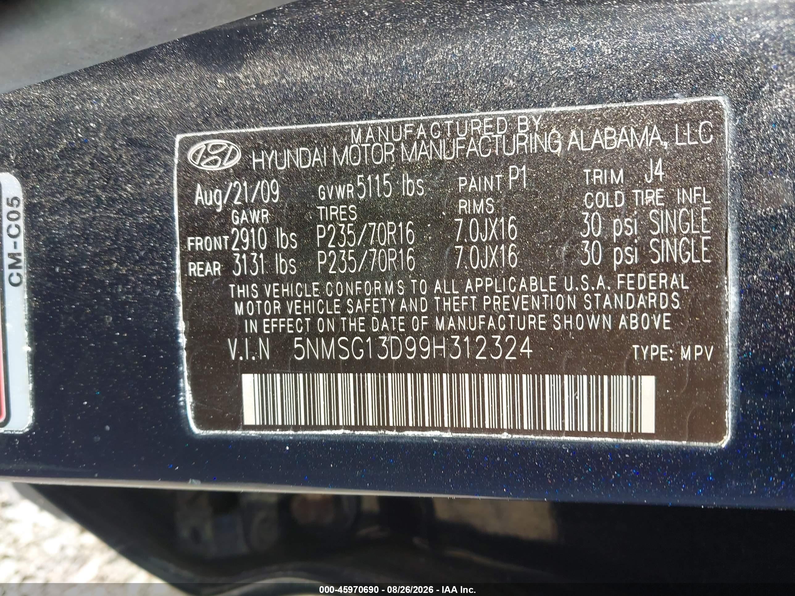 2009 Hyundai Santa Fe Gls Black vin: 5NMSG13D99H312324