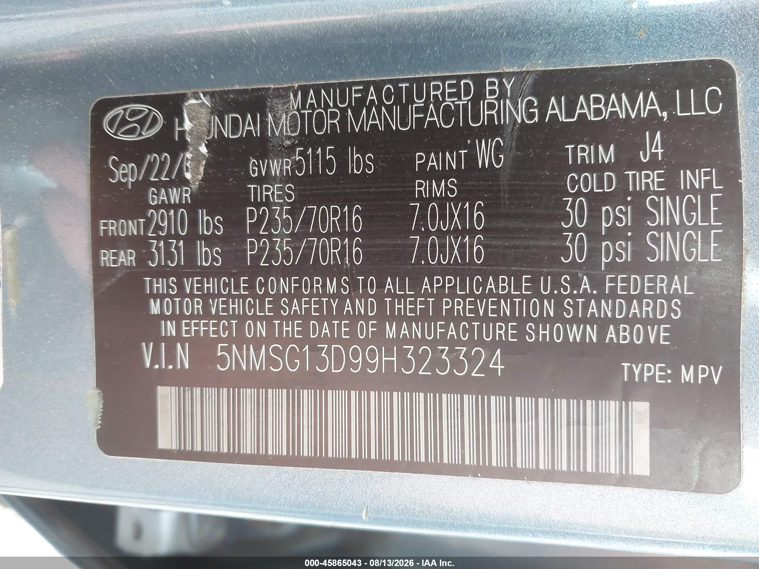 2009 Hyundai Santa Fe Gls Light Blue vin: 5NMSG13D99H323324