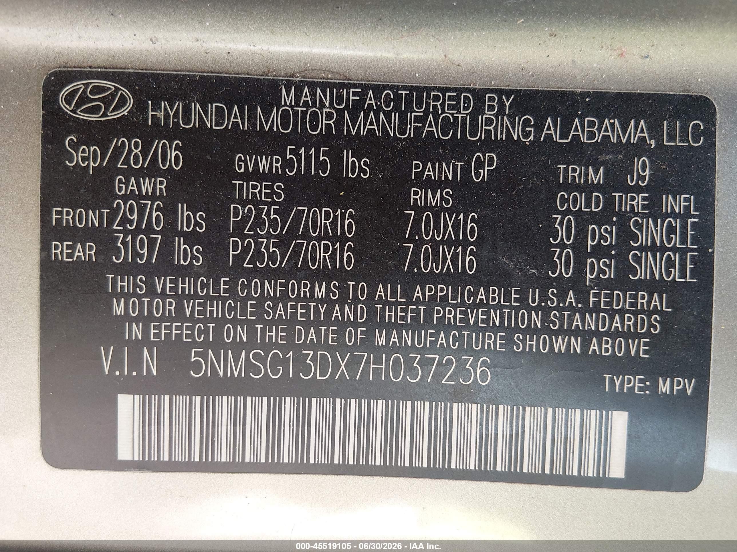 2007 Hyundai Santa Fe Gls Green vin: 5NMSG13DX7H037236