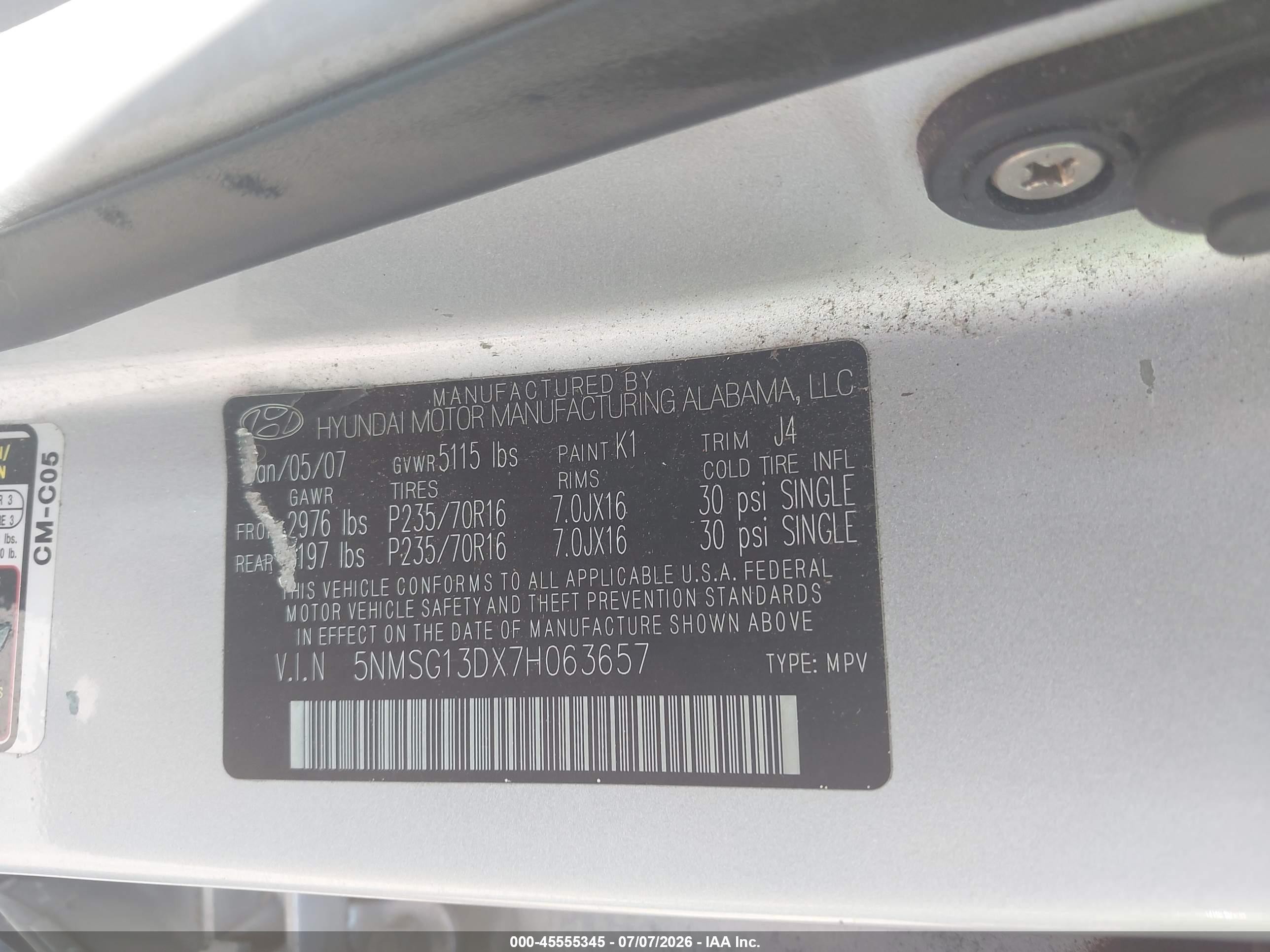 2007 Hyundai Santa Fe Gls Silver vin: 5NMSG13DX7H063657