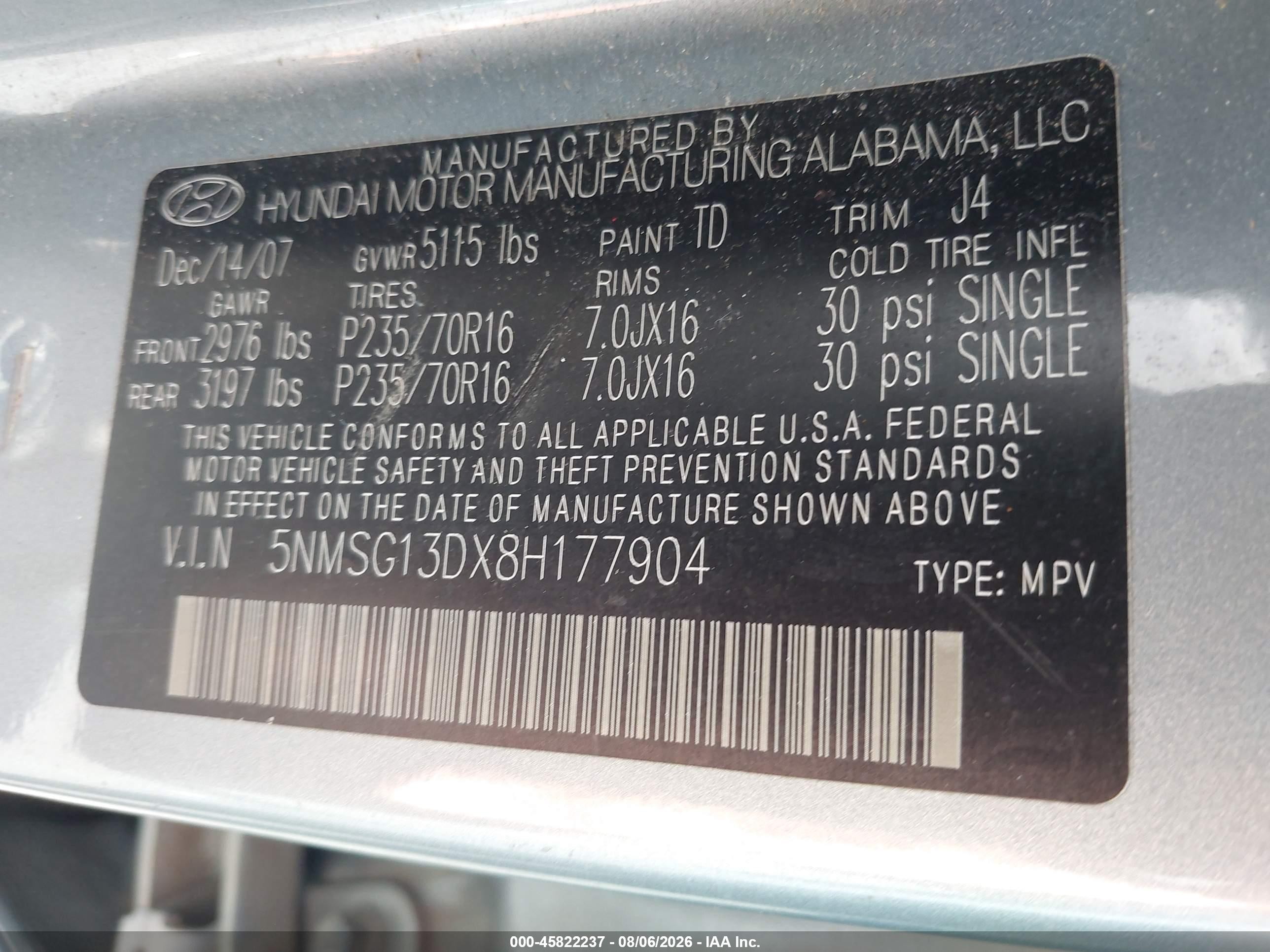 2008 Hyundai Santa Fe Gls Silver vin: 5NMSG13DX8H177904