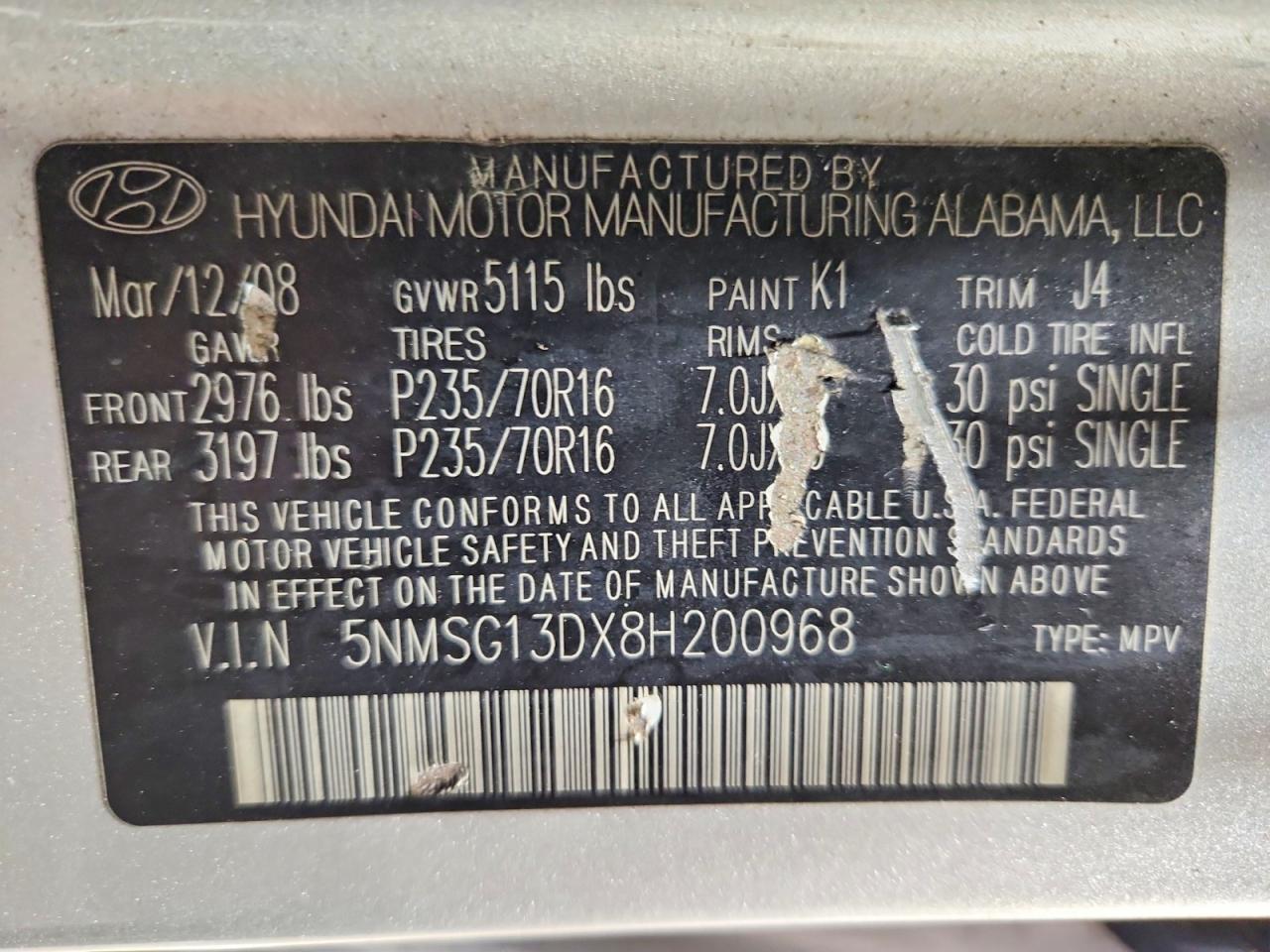 2008 Hyundai Santa Fe Gls Silver vin: 5NMSG13DX8H200968