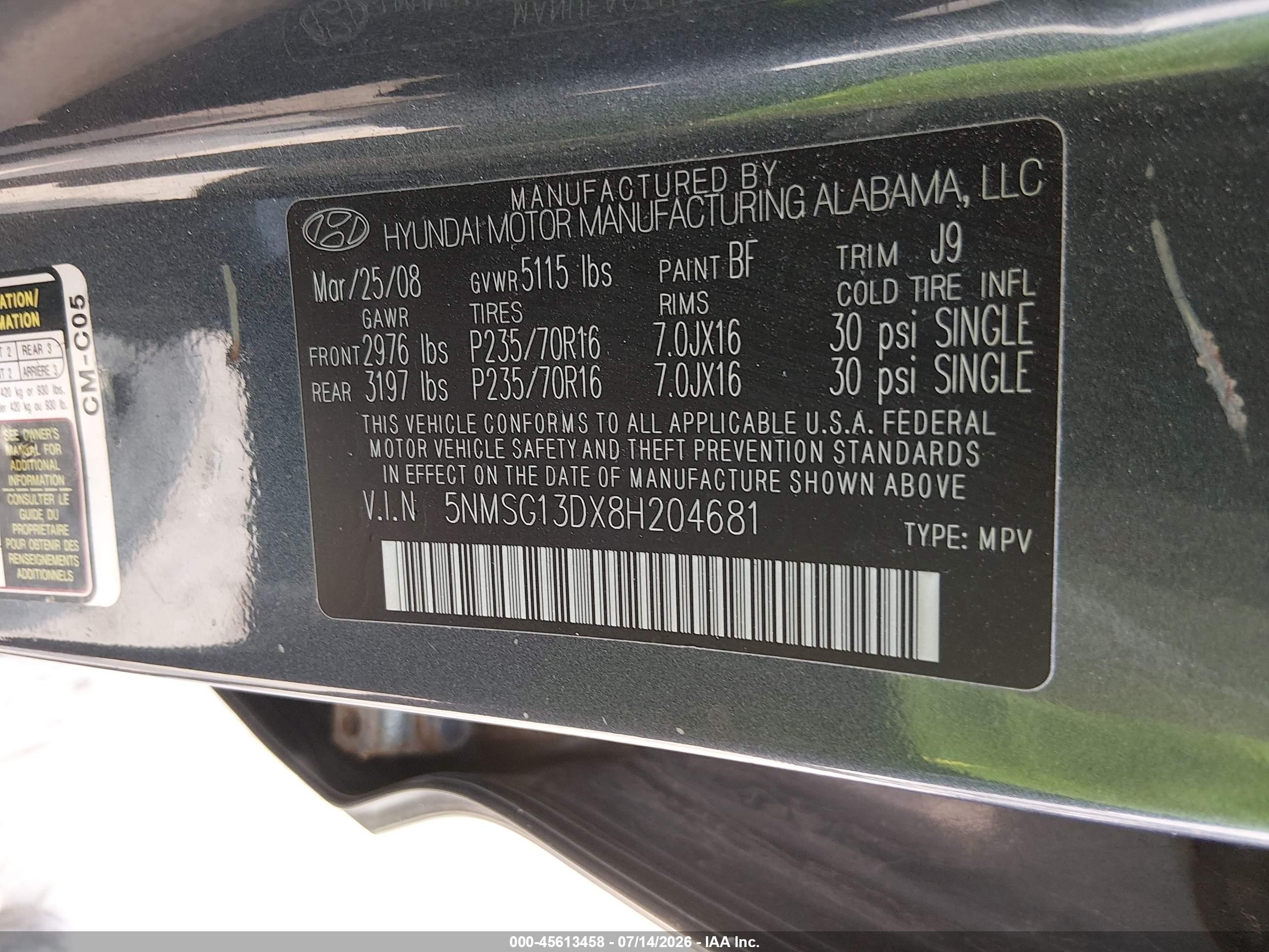 2008 Hyundai Santa Fe Gls Blue vin: 5NMSG13DX8H204681