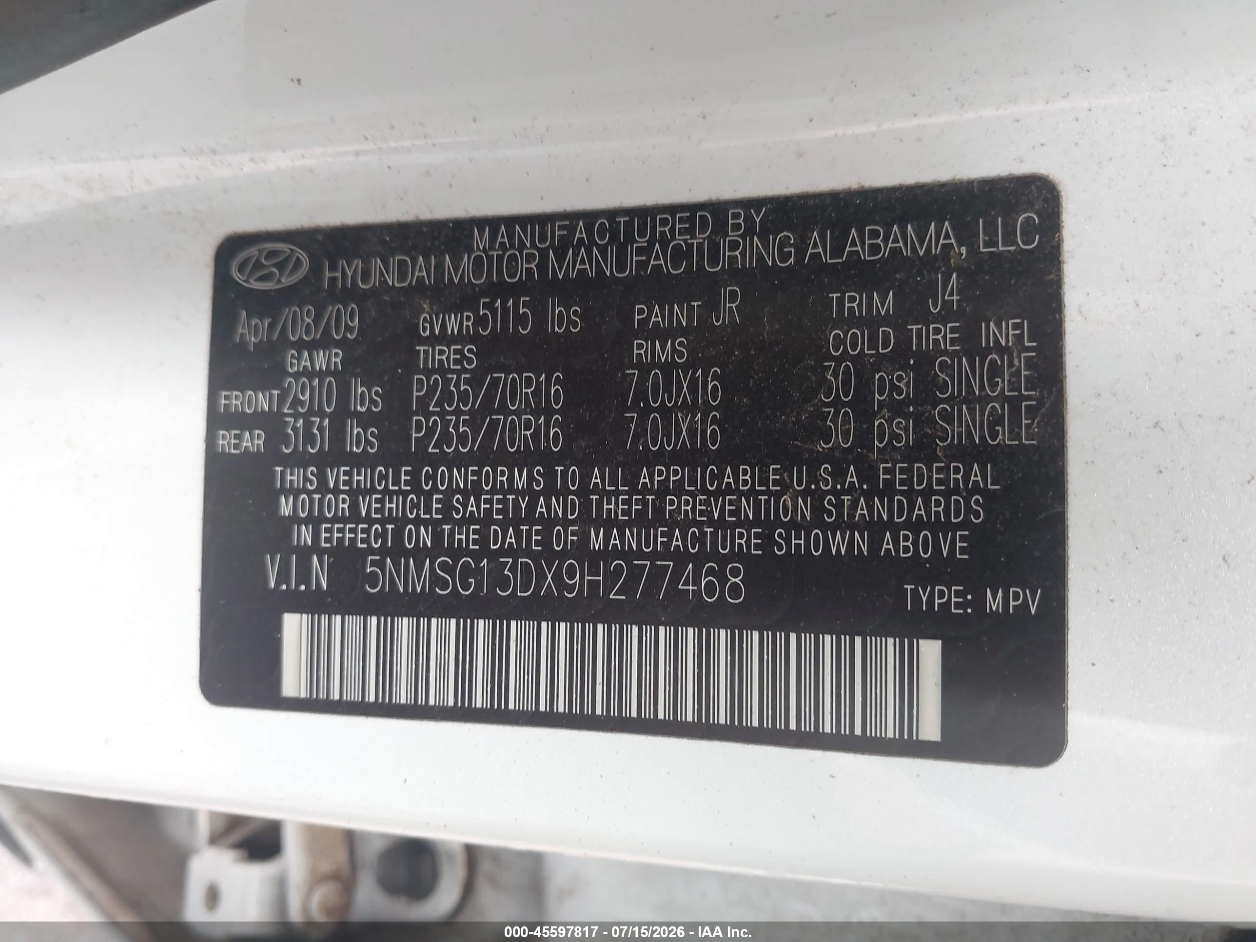 2009 Hyundai Santa Fe Gls White vin: 5NMSG13DX9H277468