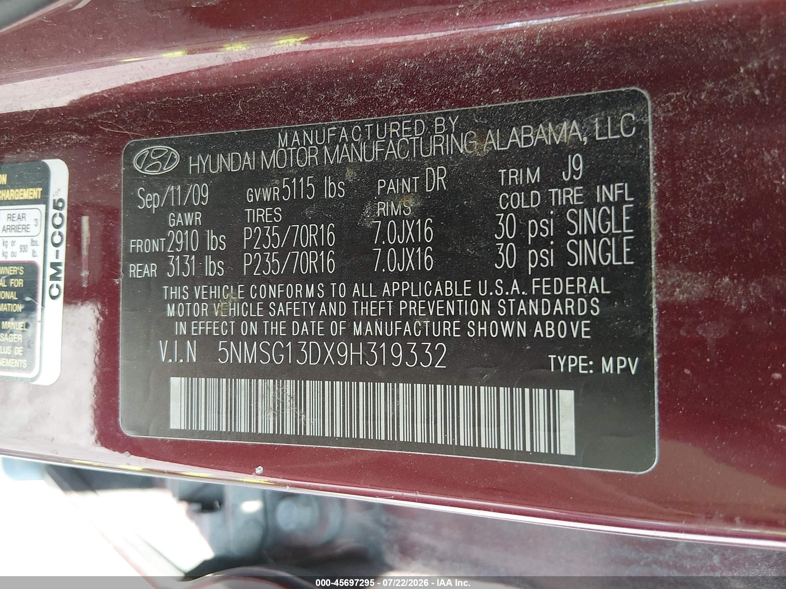2009 Hyundai Santa Fe Gls Maroon vin: 5NMSG13DX9H319332