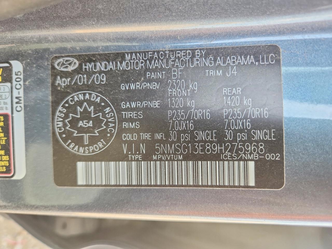 2009 Hyundai Santa Fe Gl Gray vin: 5NMSG13E89H275968