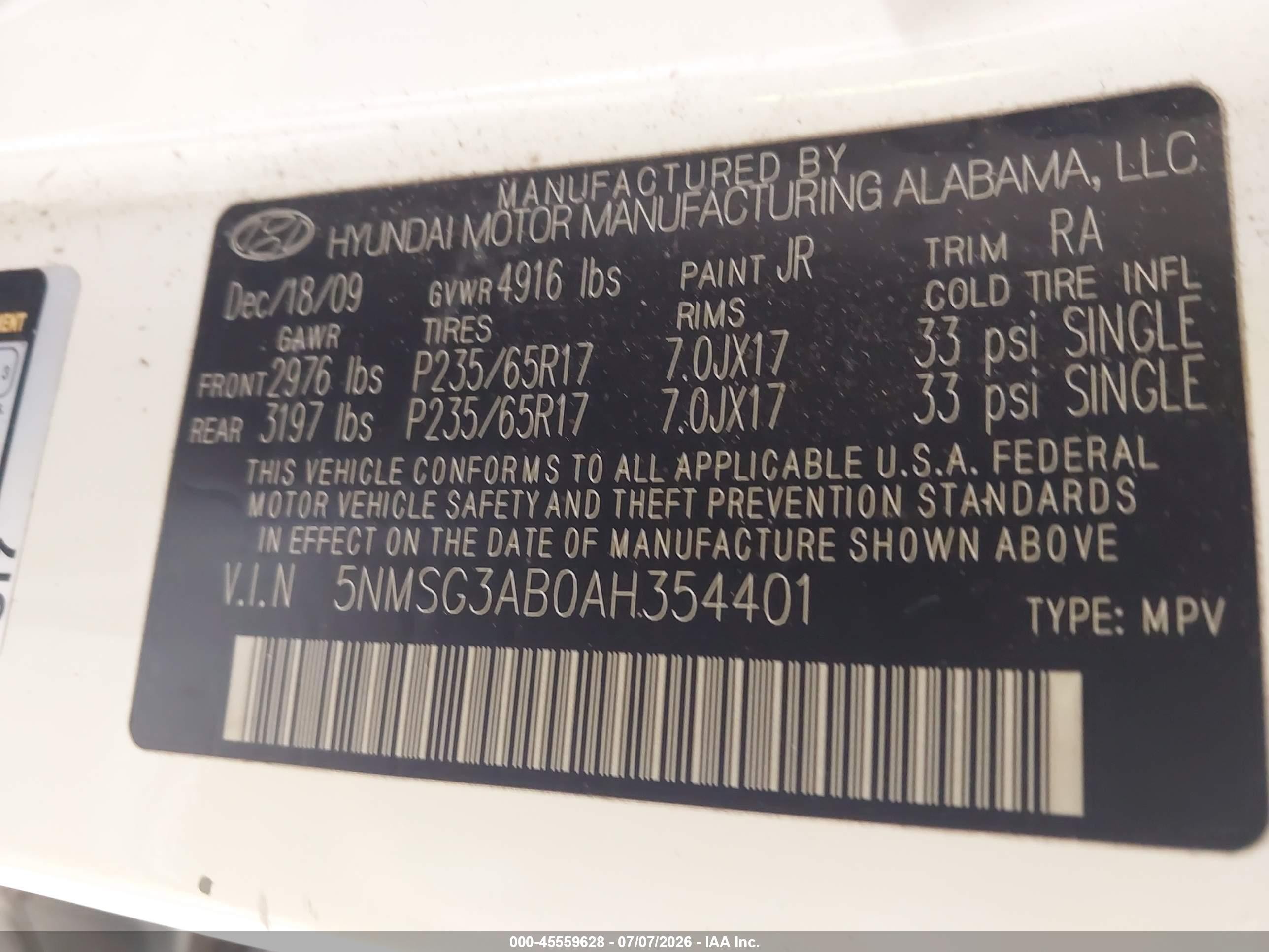 2010 Hyundai Santa Fe Gls White vin: 5NMSG3AB0AH354401