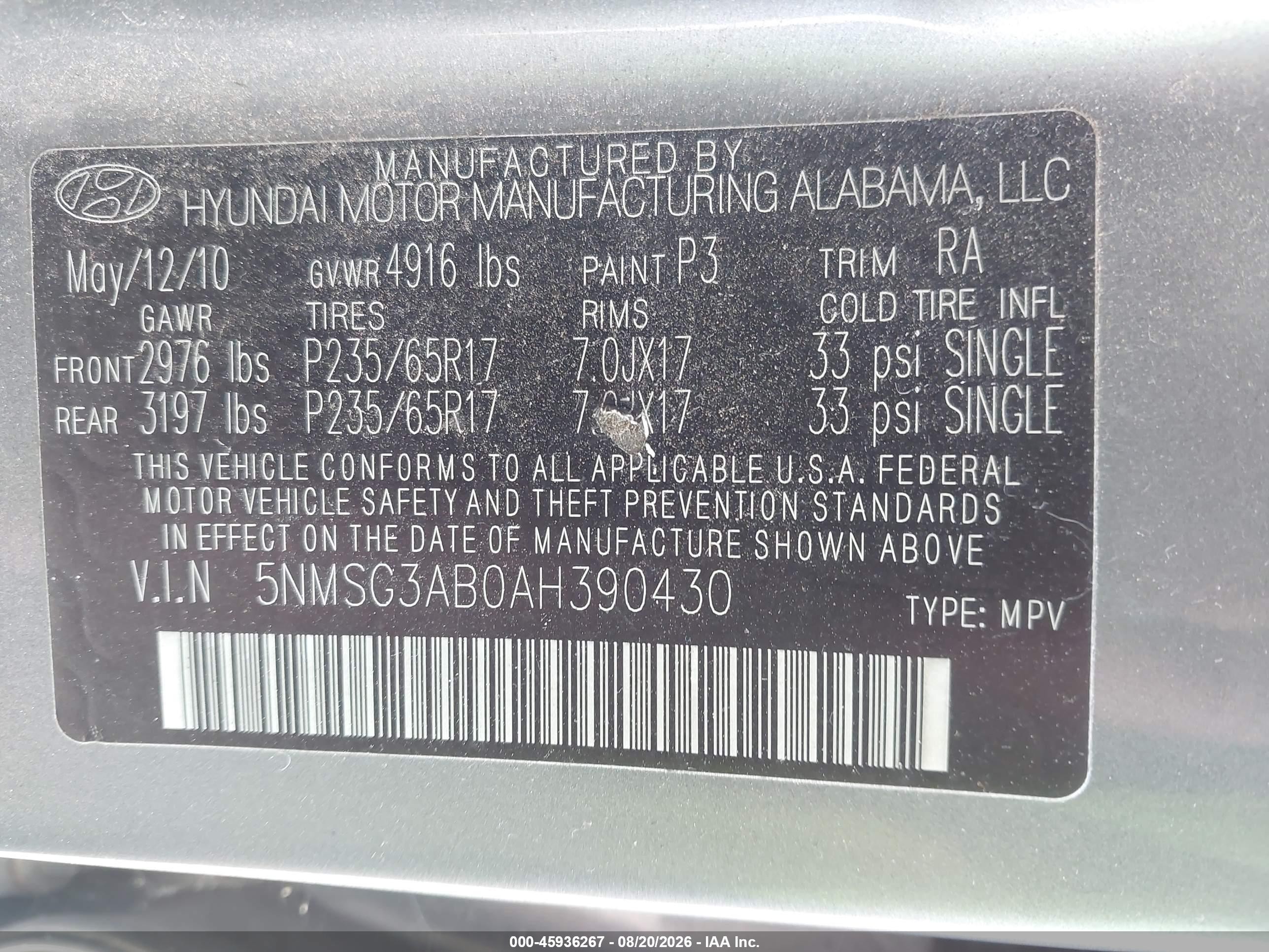 2010 Hyundai Santa Fe Gls Green vin: 5NMSG3AB0AH390430
