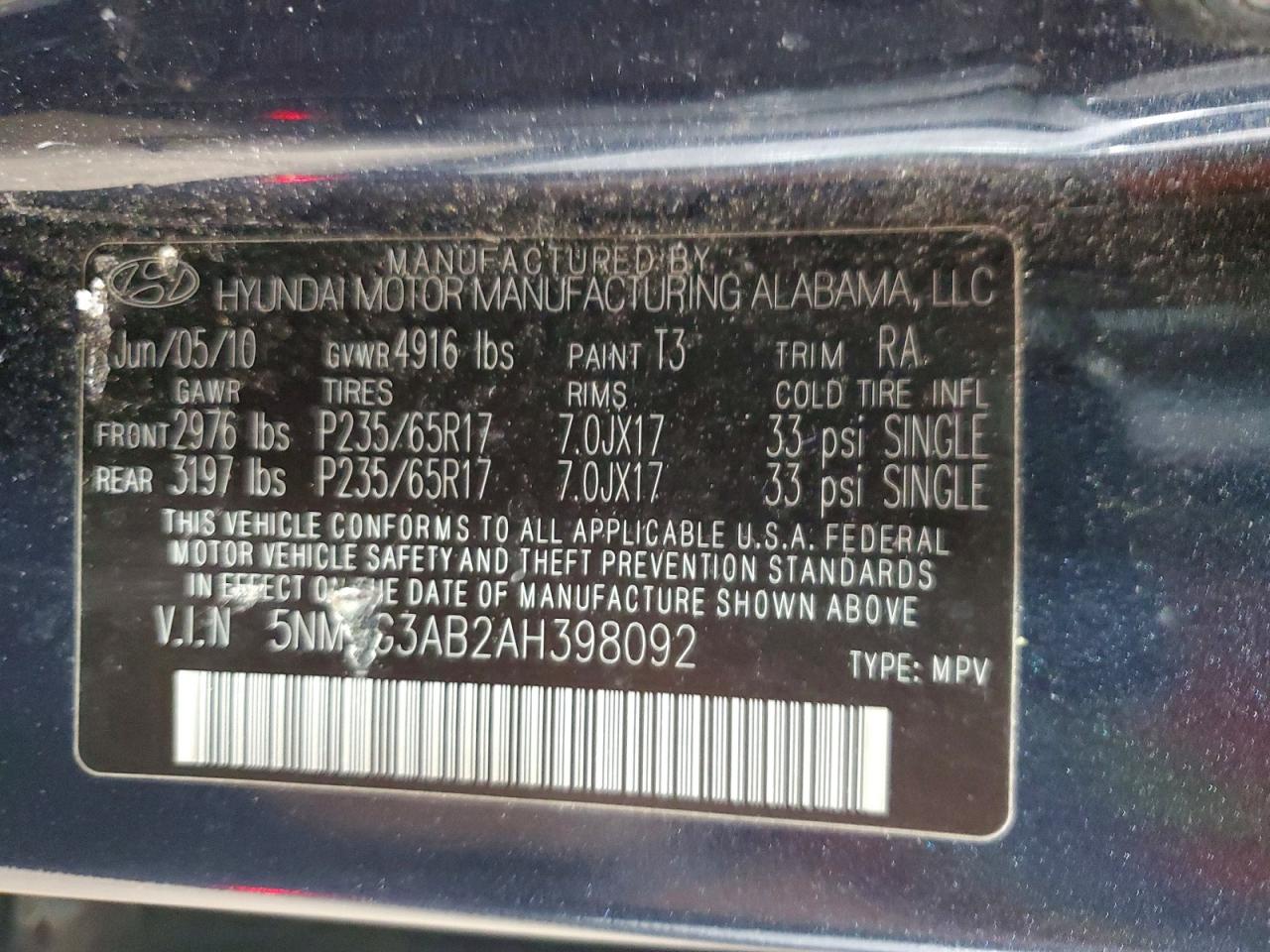 2010 Hyundai Santa Fe Gls Blue vin: 5NMSG3AB2AH398092