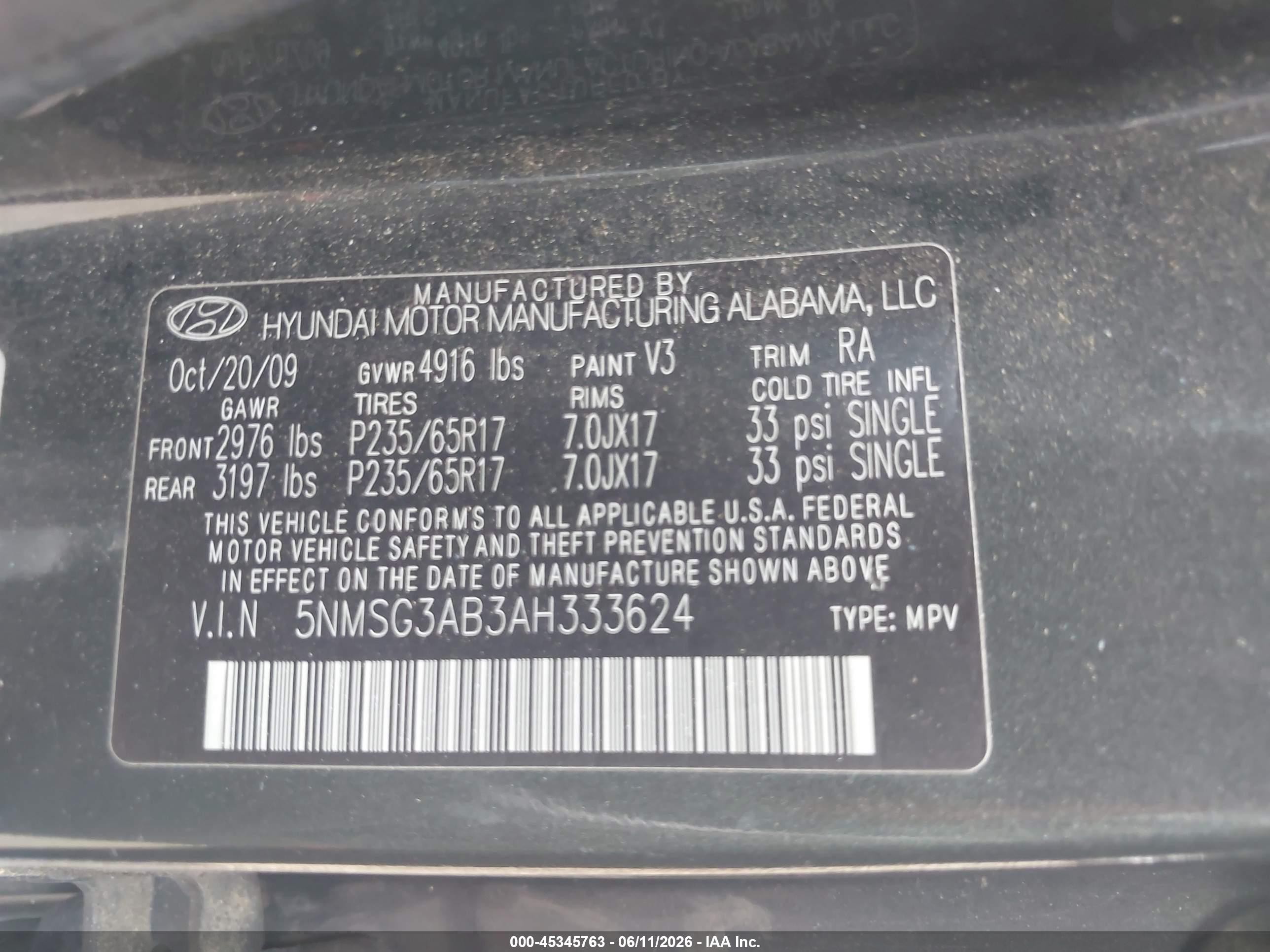 2010 Hyundai Santa Fe Gls Green vin: 5NMSG3AB3AH333624