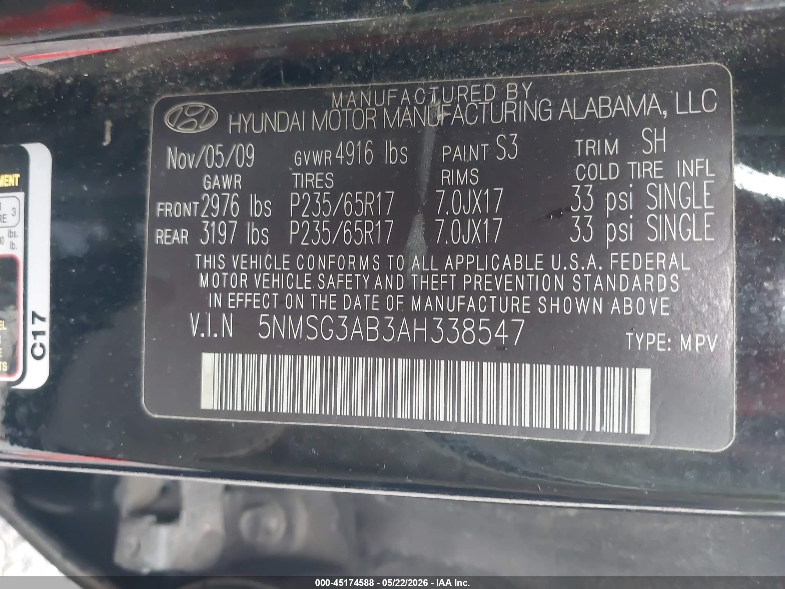 2010 Hyundai Santa Fe Gls Black vin: 5NMSG3AB3AH338547